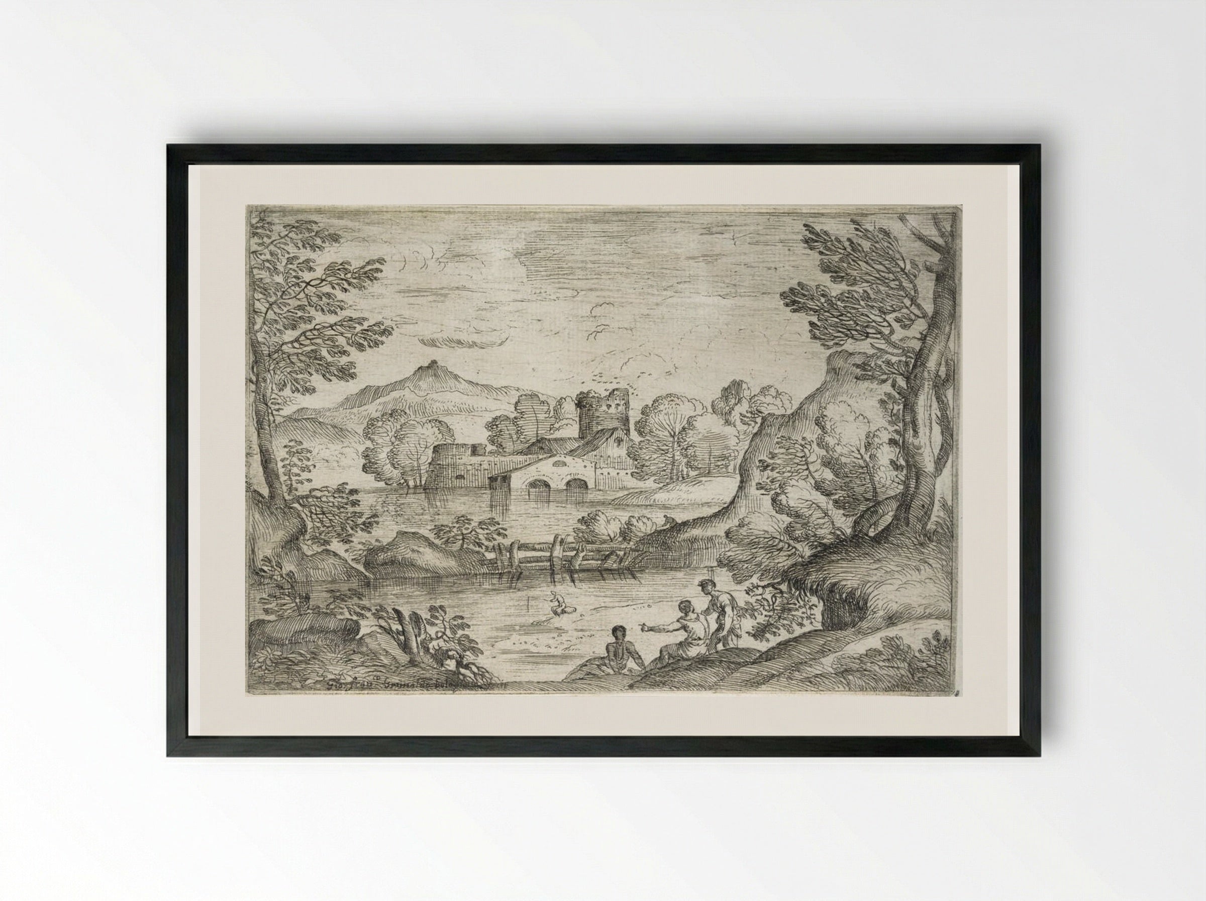 Landscape with a Man Standing near Two Seated Men - Giovanni Francesco Grimaldi - Framed Print Black
