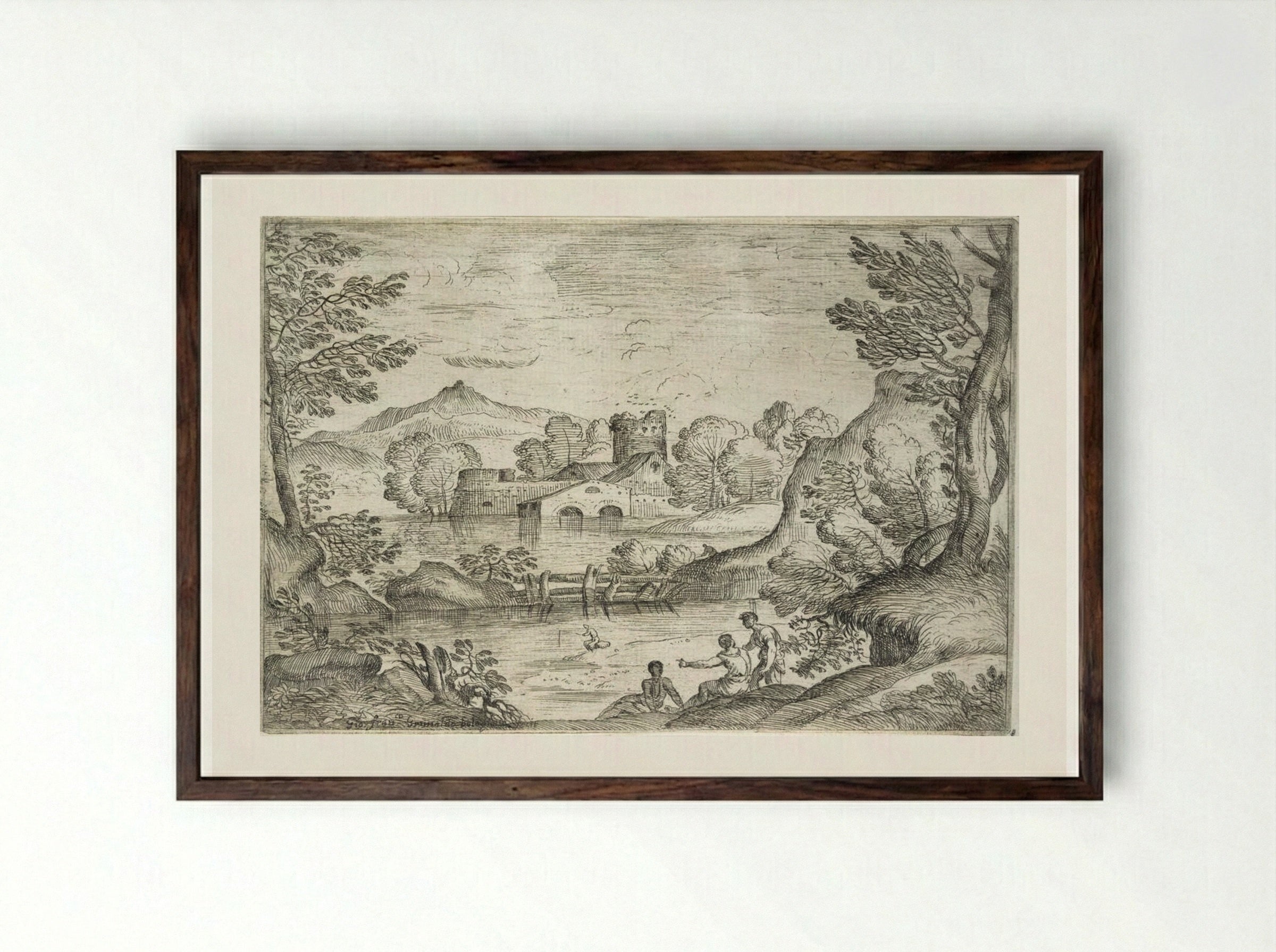 Landscape with a Man Standing near Two Seated Men - Giovanni Francesco Grimaldi - Framed Print Dark Wood