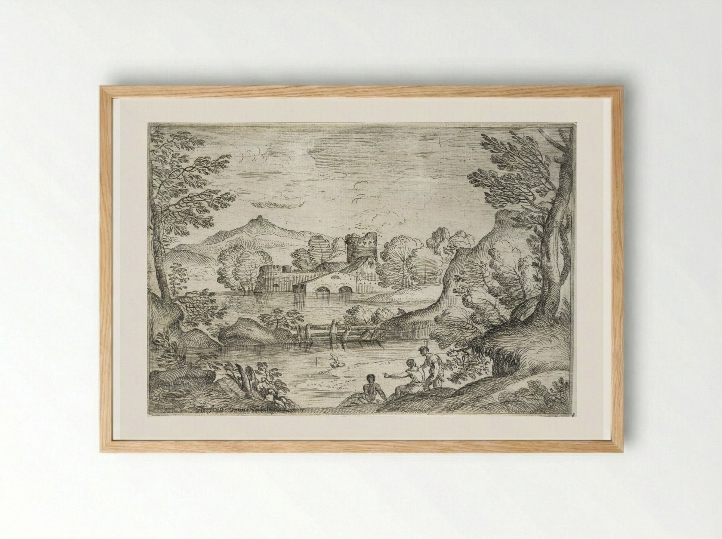 Landscape with a Man Standing near Two Seated Men - Giovanni Francesco Grimaldi - Framed Print Wood