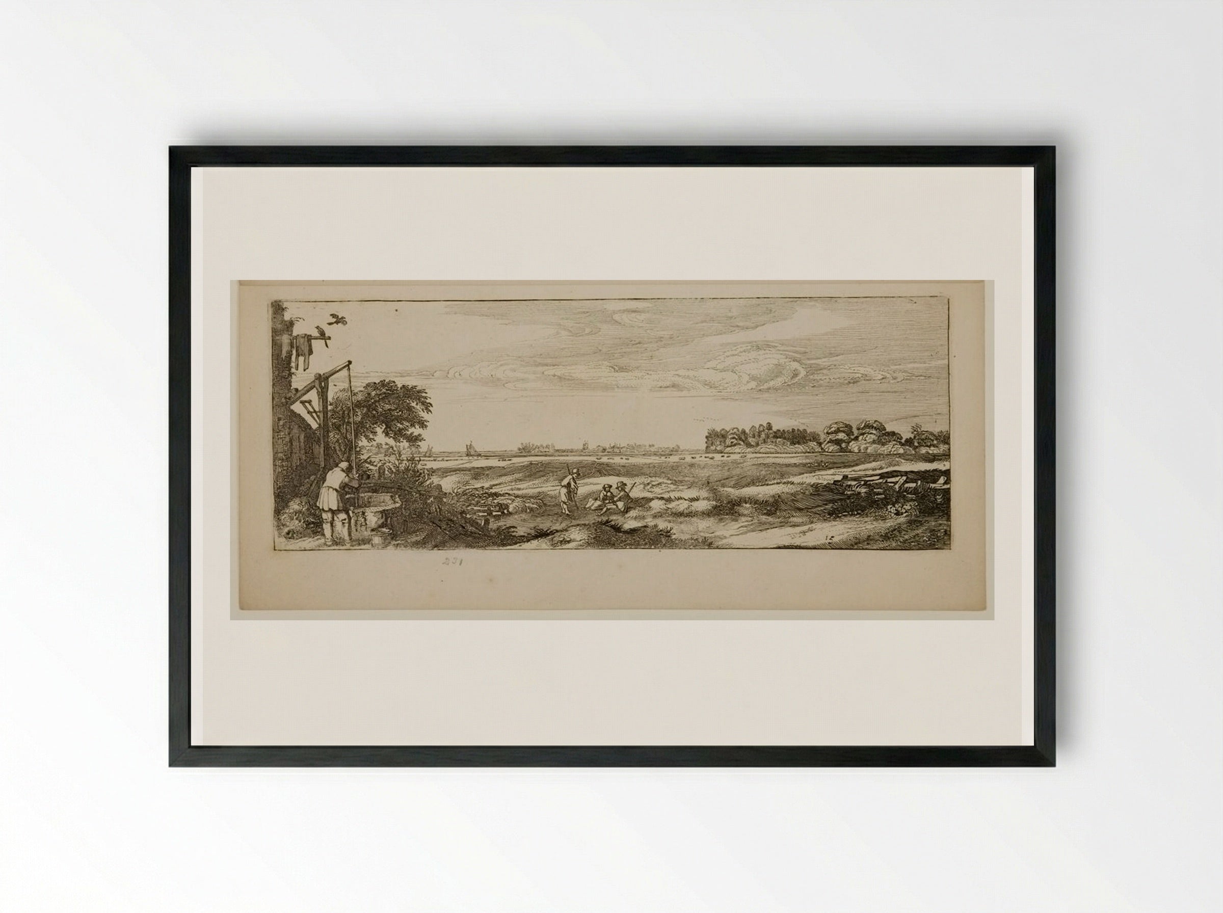 Landscape with a Man at a Draw-well - Jan van de Velde II - Framed Print Black