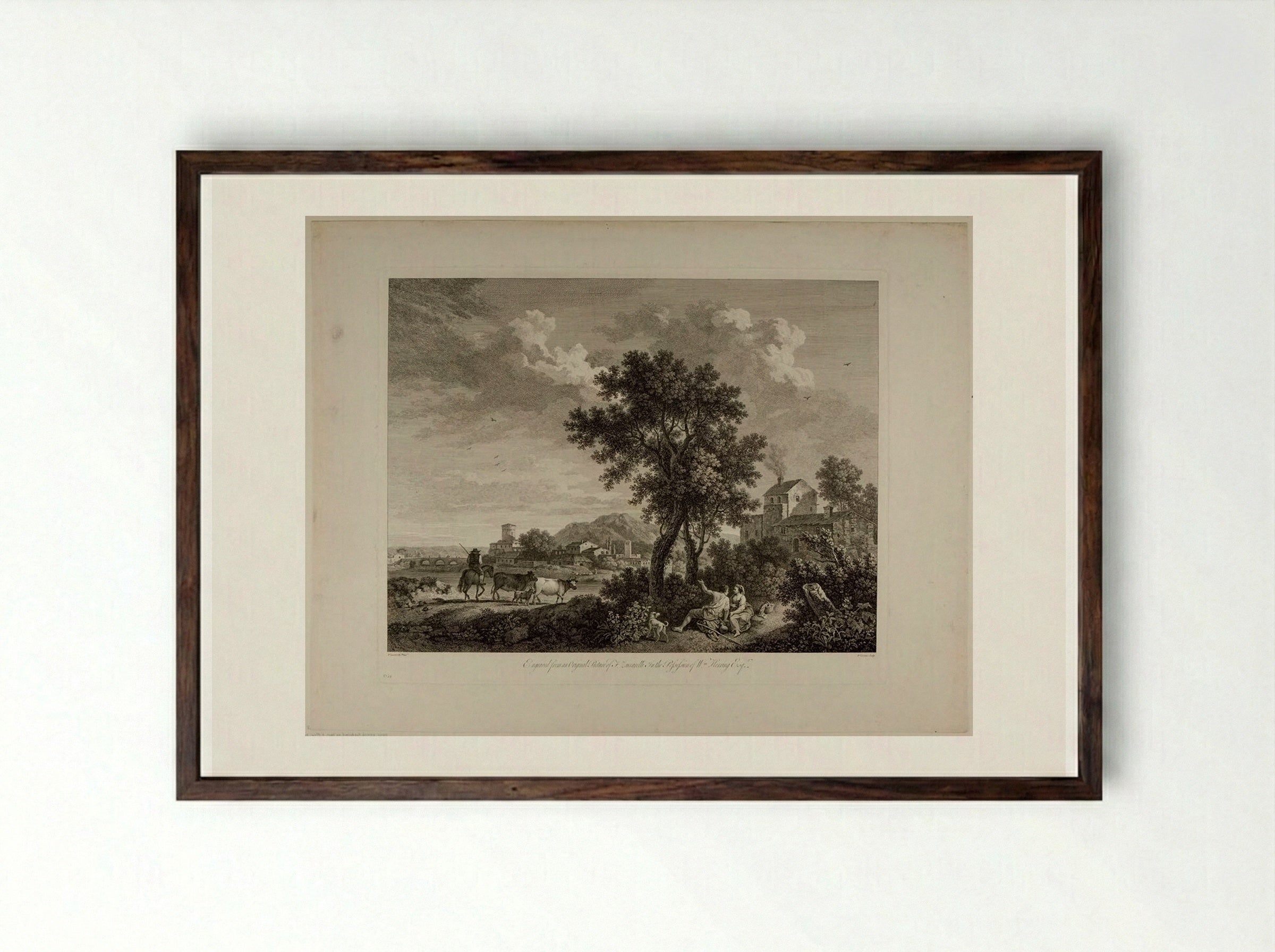 Landscape, with a Man on Horseback, Driving Cows - François Vivares - Framed Print Dark Wood