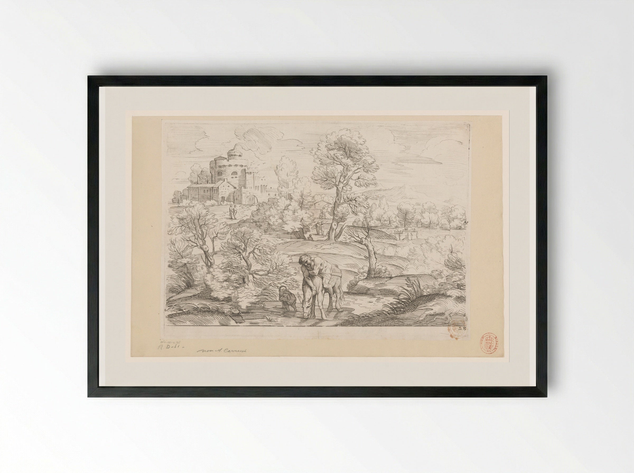 Landscape with a Man on a Drinking Donkey - Annibale Carracci - Framed Print Black
