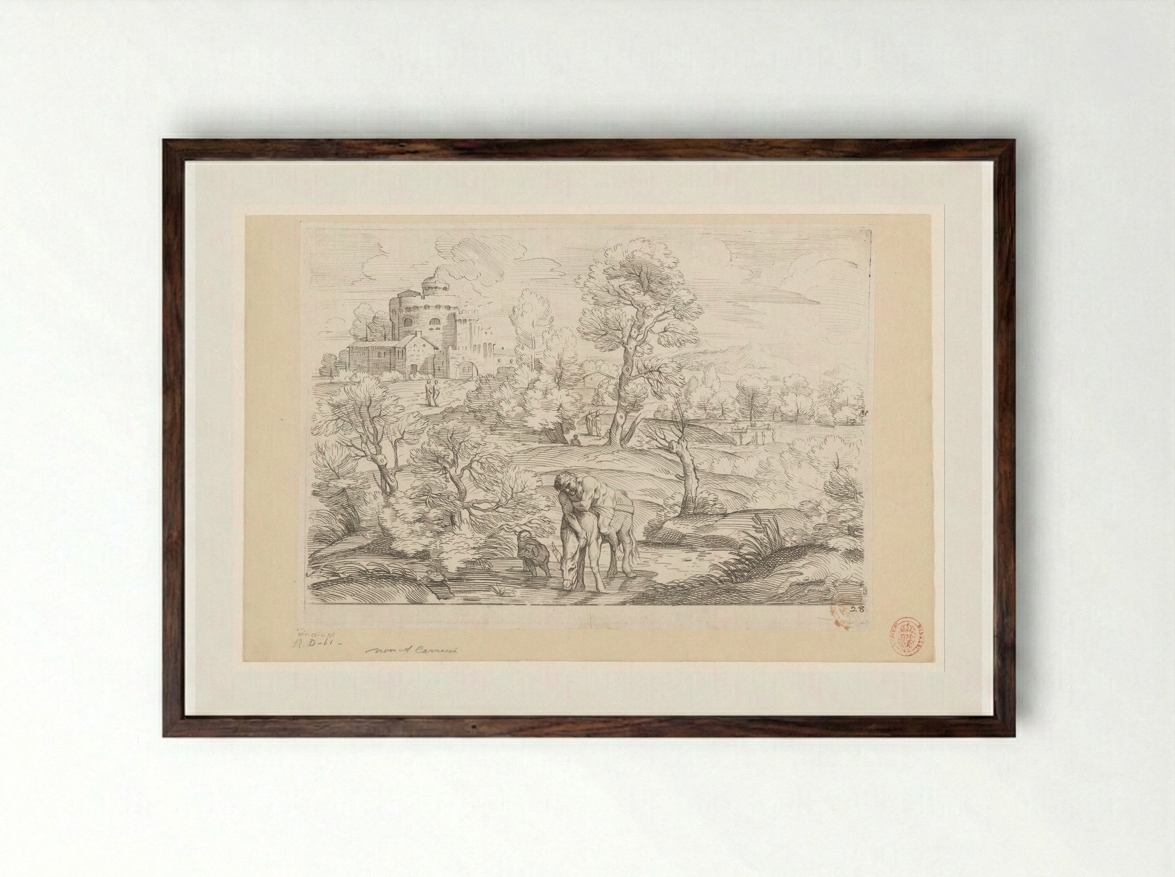 Landscape with a Man on a Drinking Donkey - Annibale Carracci - Framed Print Dark Wood