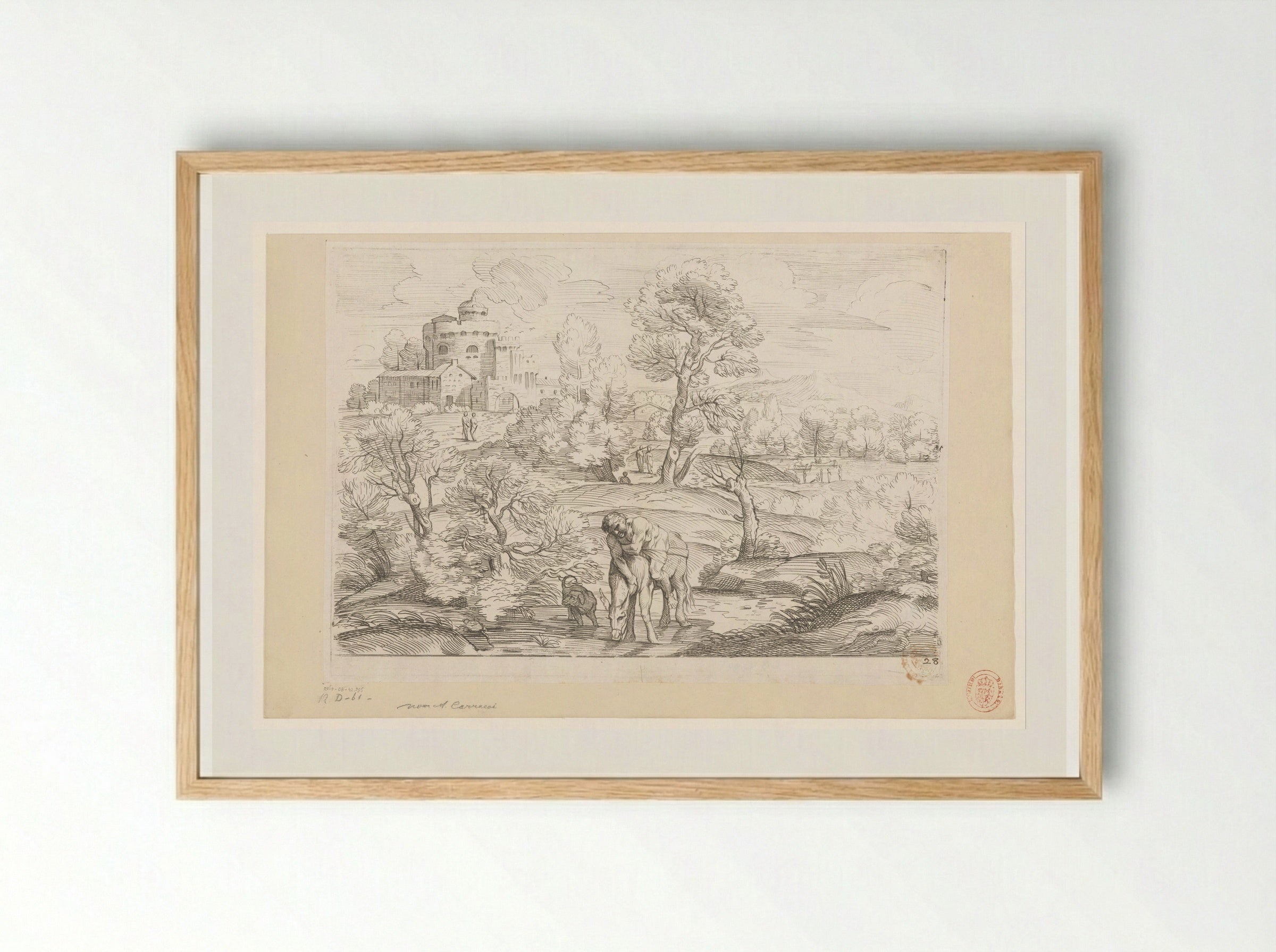 Landscape with a Man on a Drinking Donkey - Annibale Carracci - Framed Print Wood