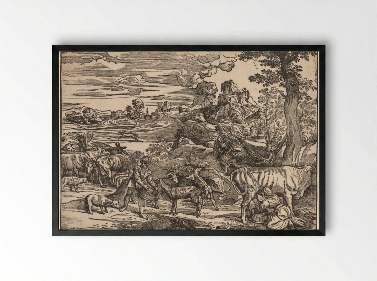 Landscape with a Milkmaid - Niccolo Boldrini - Framed Print Black