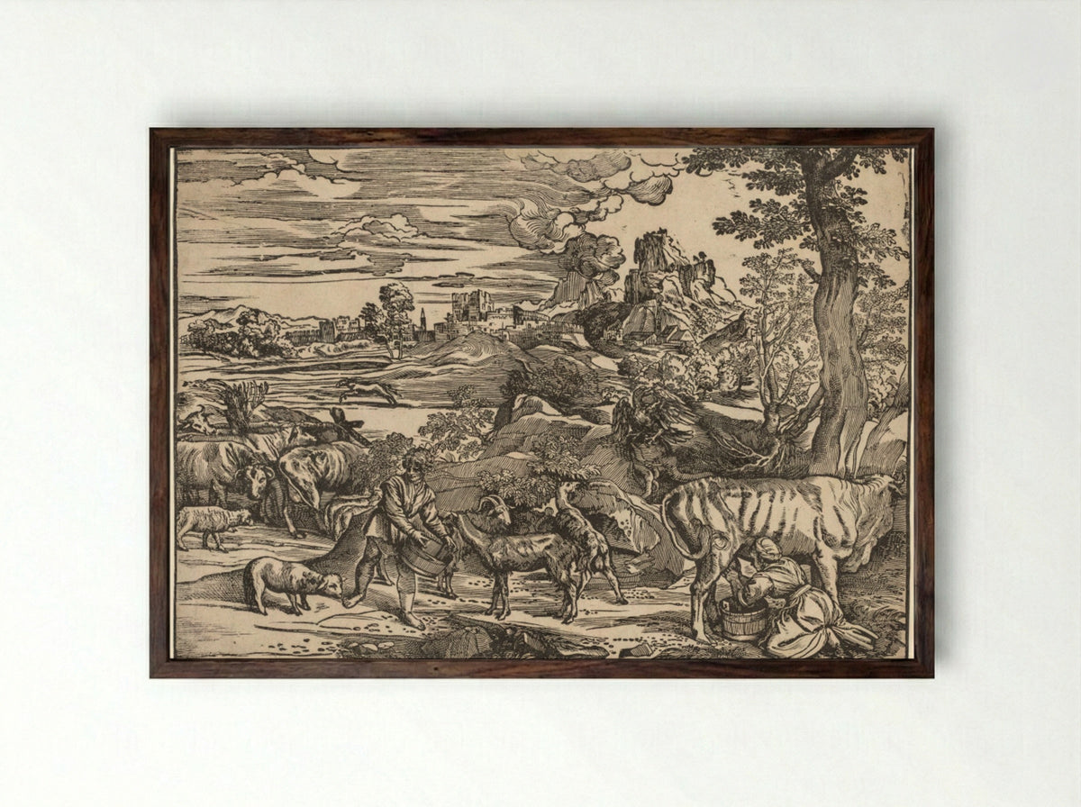 Landscape with a Milkmaid - Niccolo Boldrini - Framed Print Dark Wood
