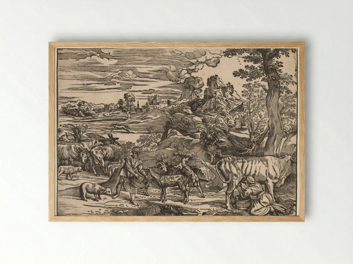 Landscape with a Milkmaid - Niccolo Boldrini - Framed Print Wood