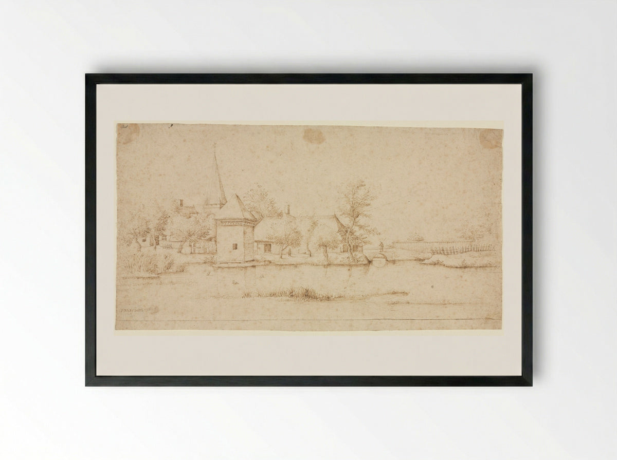 Landscape with a Moated Village - Master of the Small Landscapes - Framed Print Black