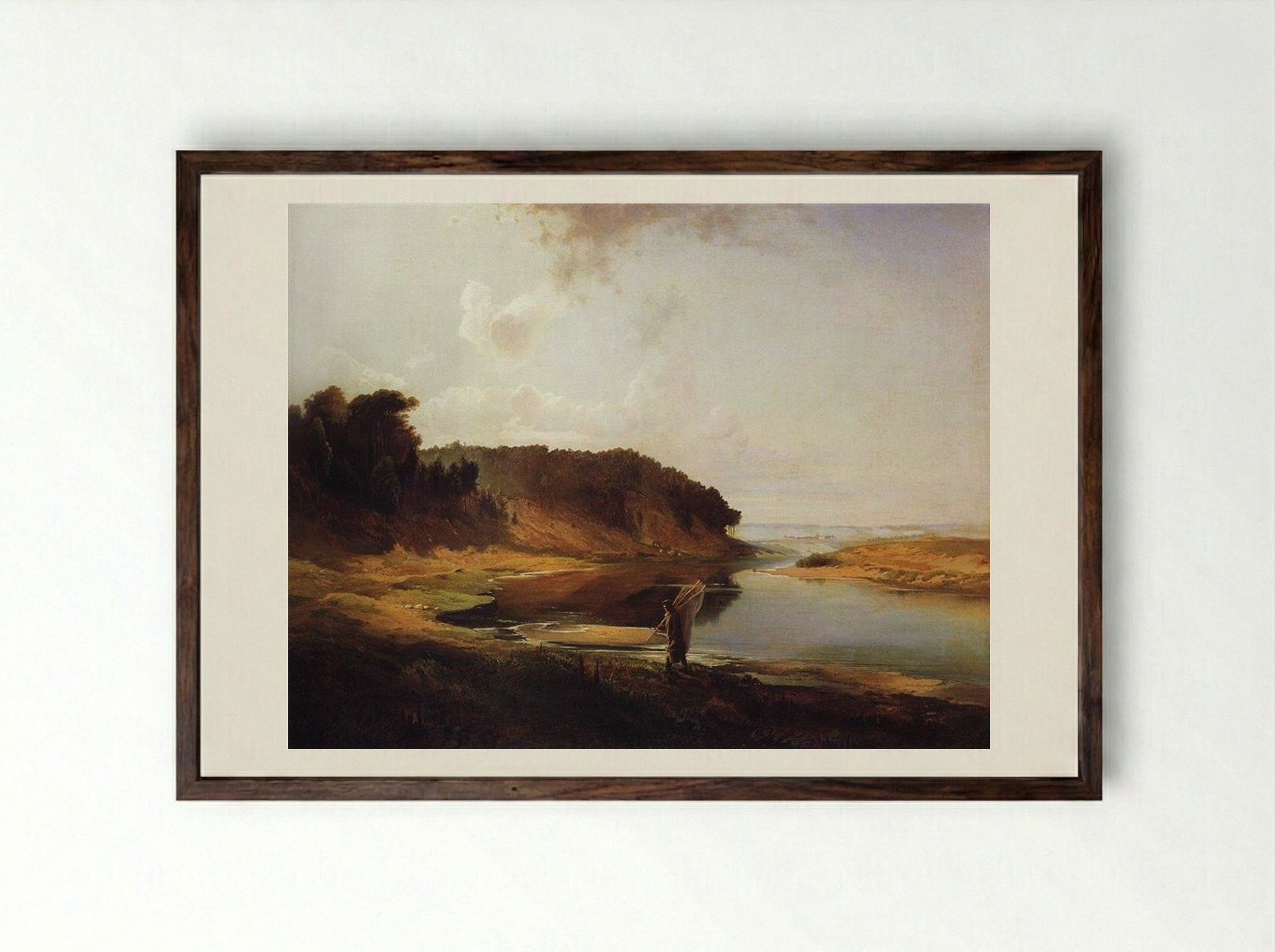 Landscape with a River and an Angler - Aleksey Savrasov - Framed Print Dark Wood