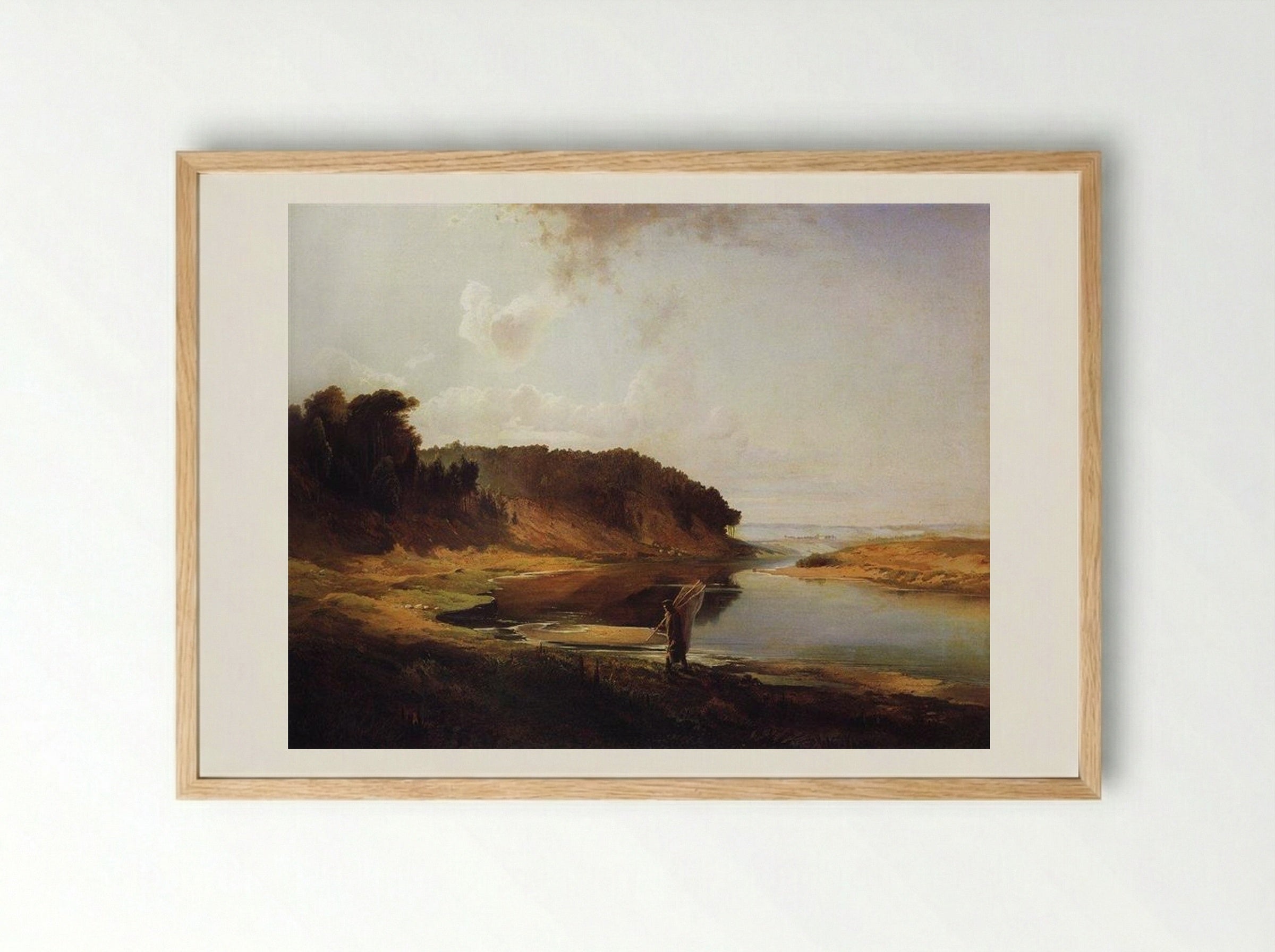 Landscape with a River and an Angler - Aleksey Savrasov - Framed Print Wood