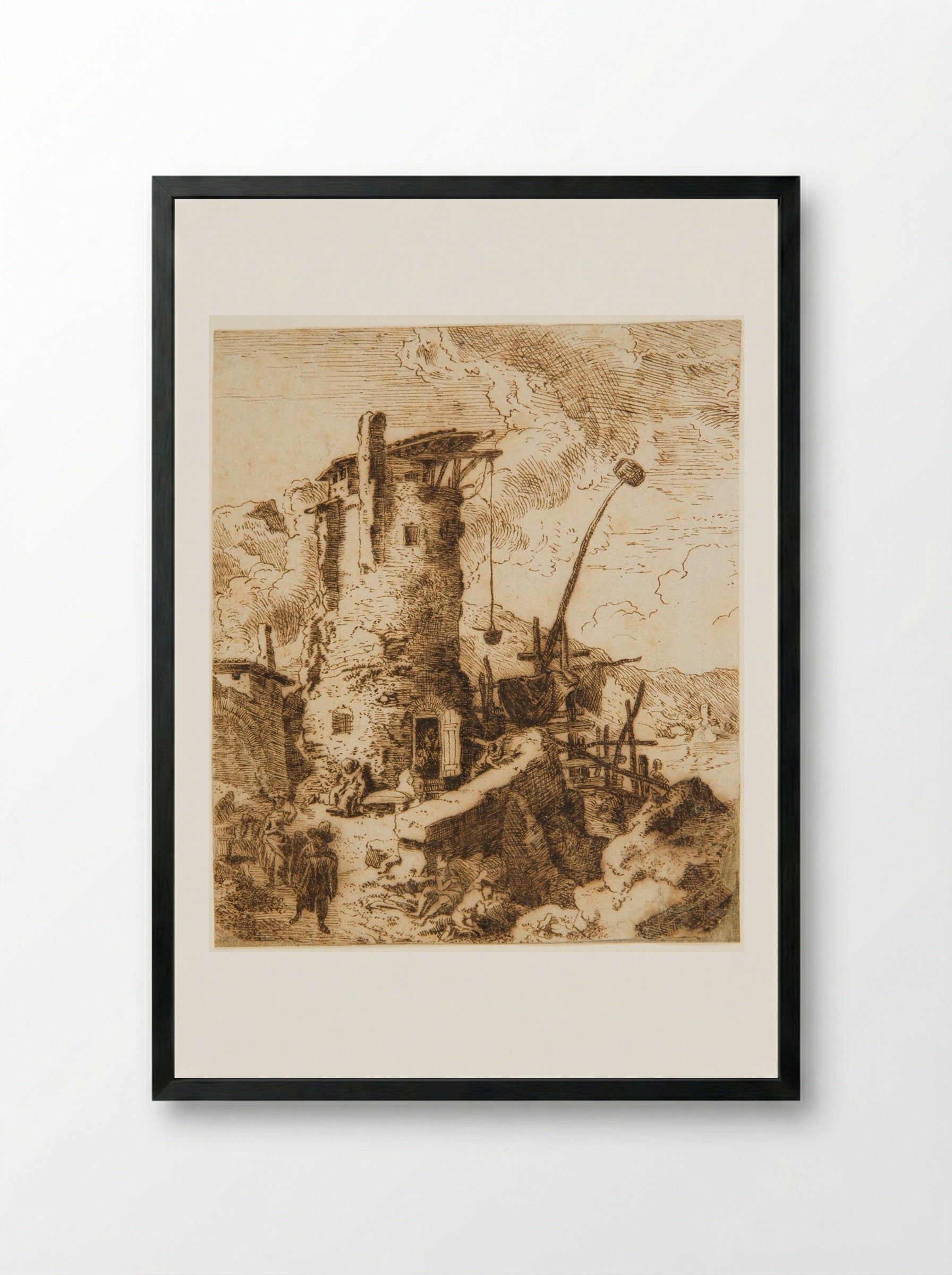 Landscape with a Round Tower and Figures - Christian Wilhelm Ernst Dietrich - Framed Print Black