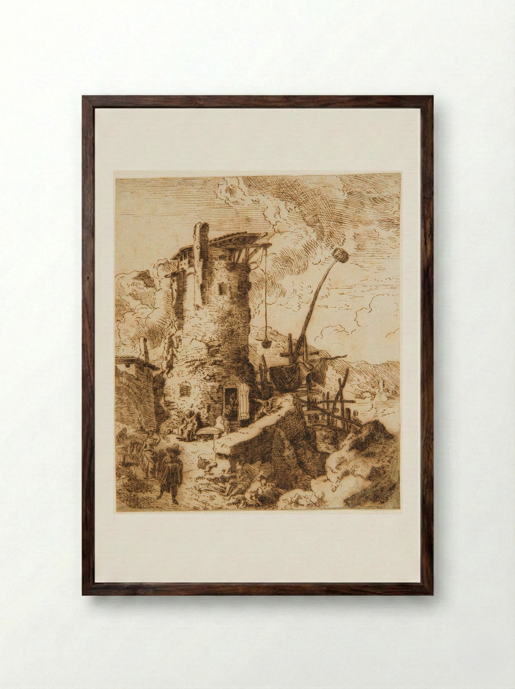 Landscape with a Round Tower and Figures - Christian Wilhelm Ernst Dietrich - Framed Print Dark Wood