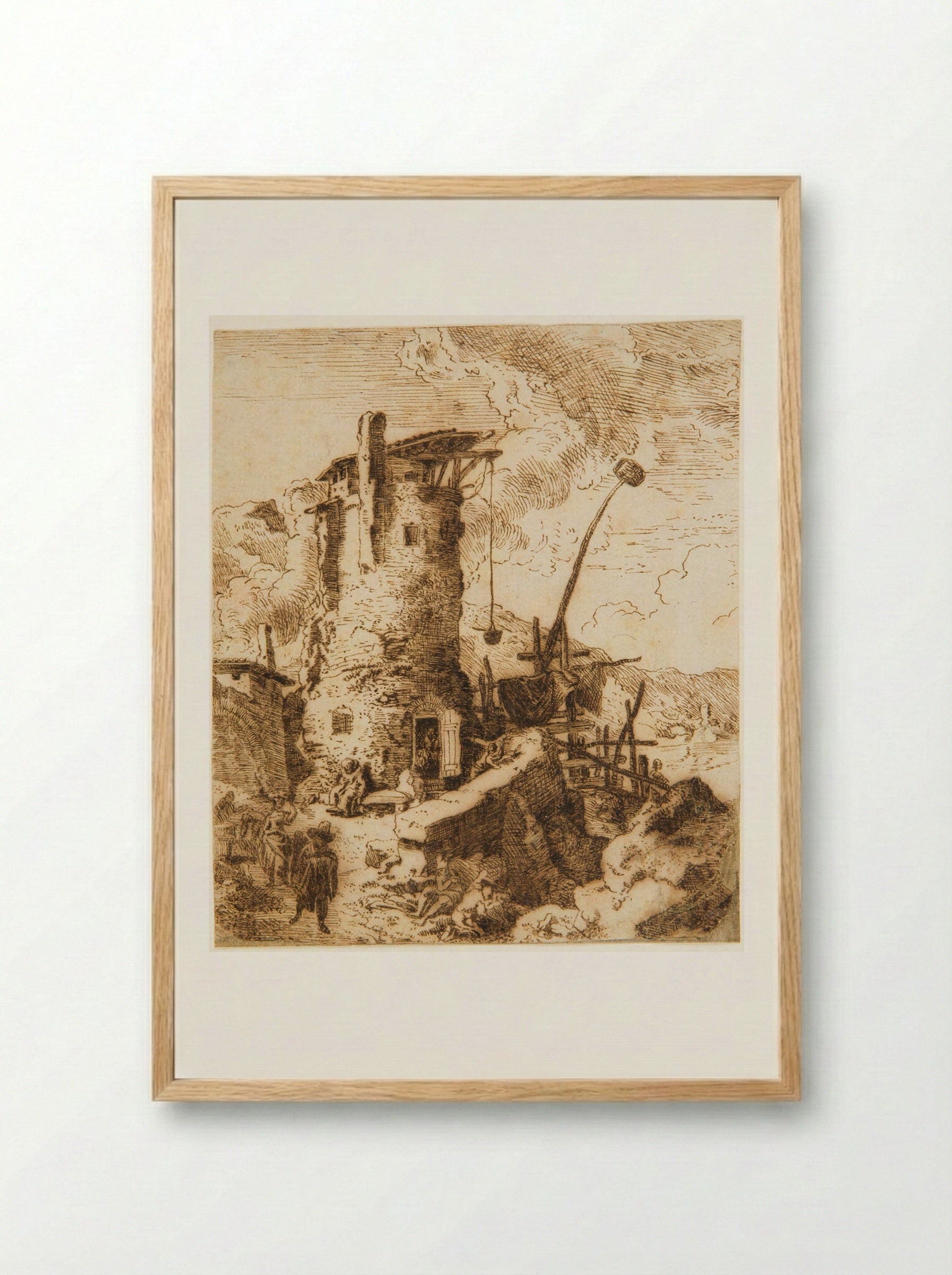 Landscape with a Round Tower and Figures - Christian Wilhelm Ernst Dietrich - Framed Print Wood