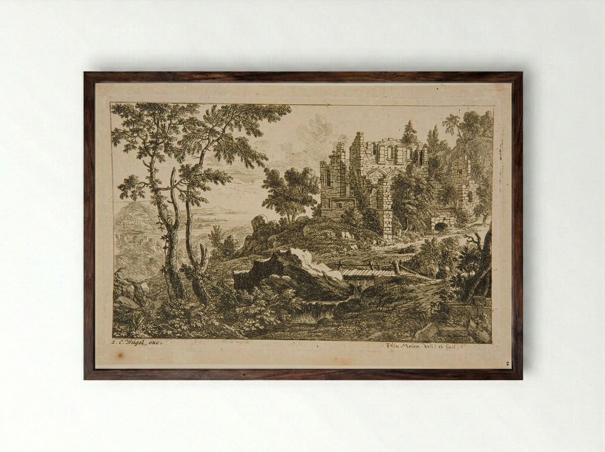 Landscape with a Ruin and a Bridge - Felix Meyer - Framed Print Dark Wood