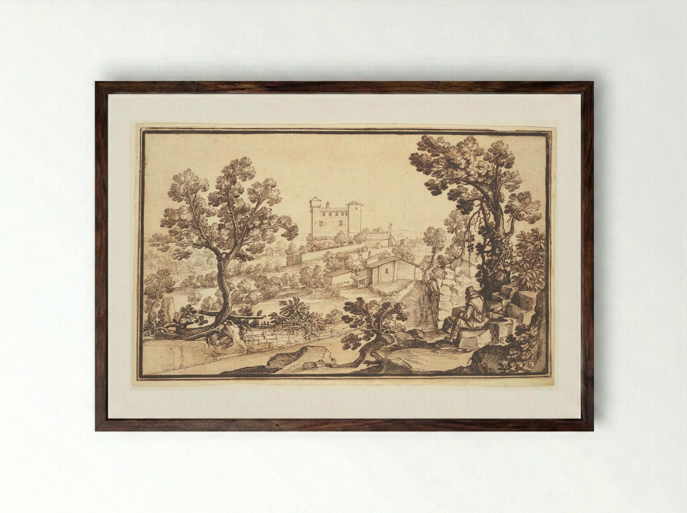 Landscape with a Seated Figure - Remigio Cantagallina - Framed Print Dark Wood