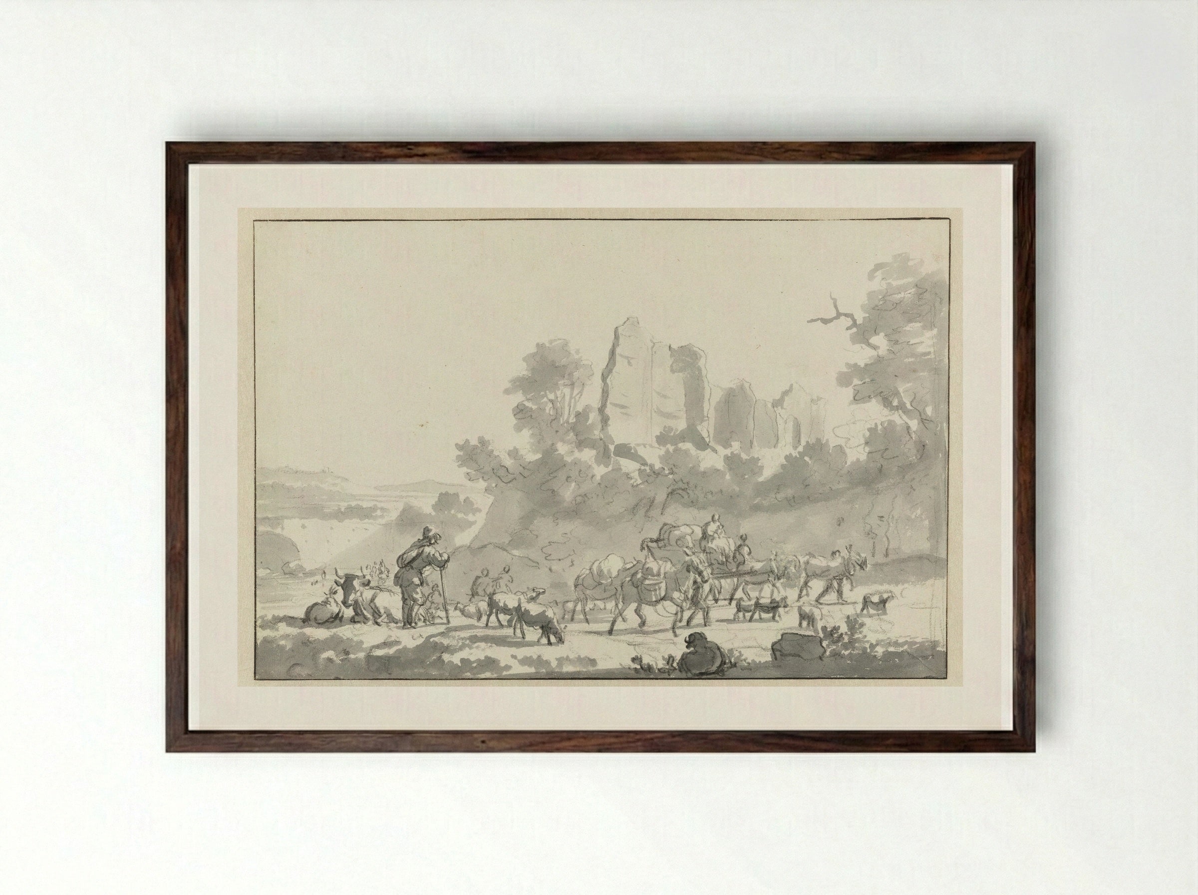 Landscape with a Shepherd and Cattle, and Travellers - Adriaen van de Velde - Framed Print Dark Wood