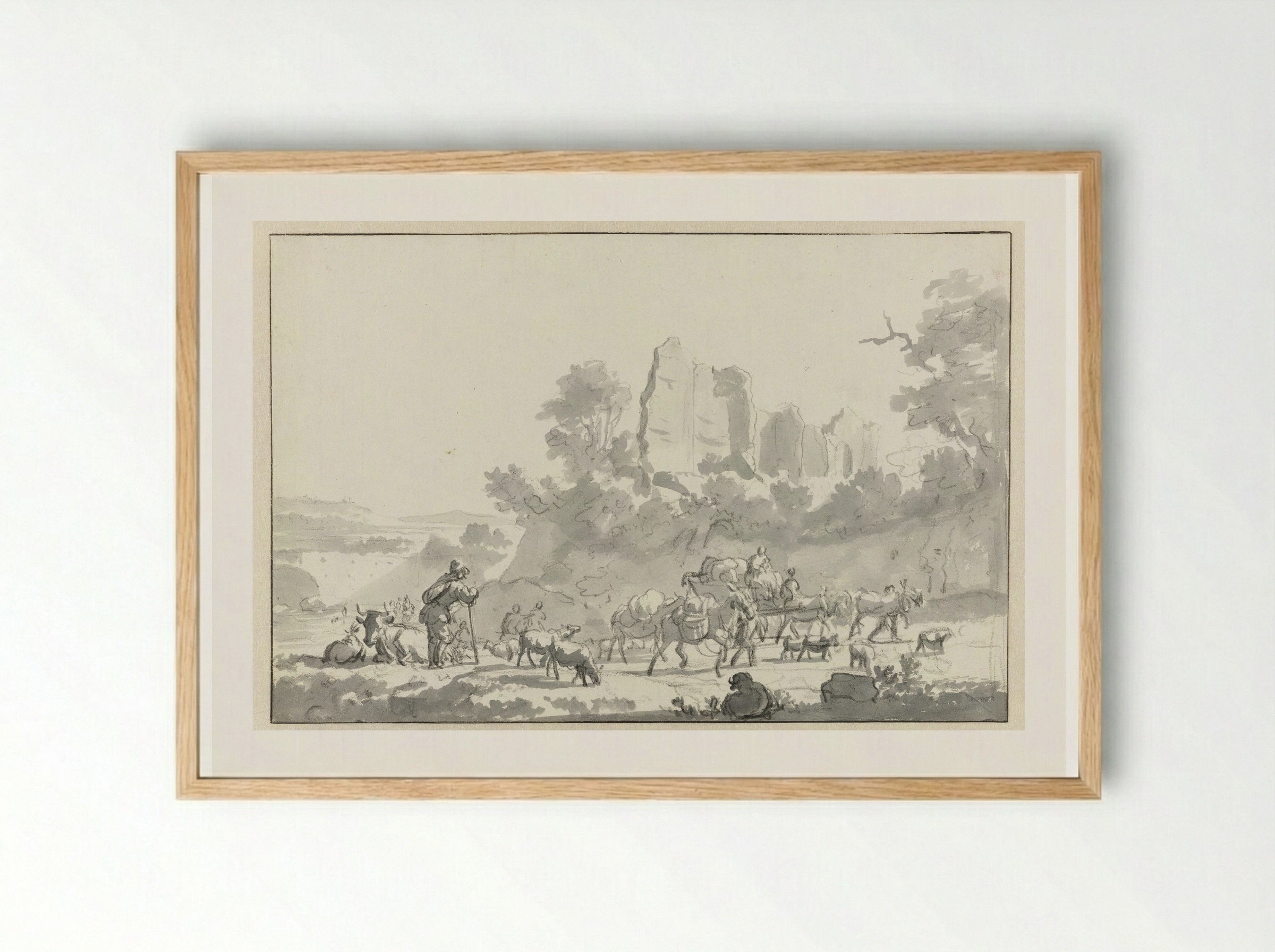Landscape with a Shepherd and Cattle, and Travellers - Adriaen van de Velde - Framed Print Wood