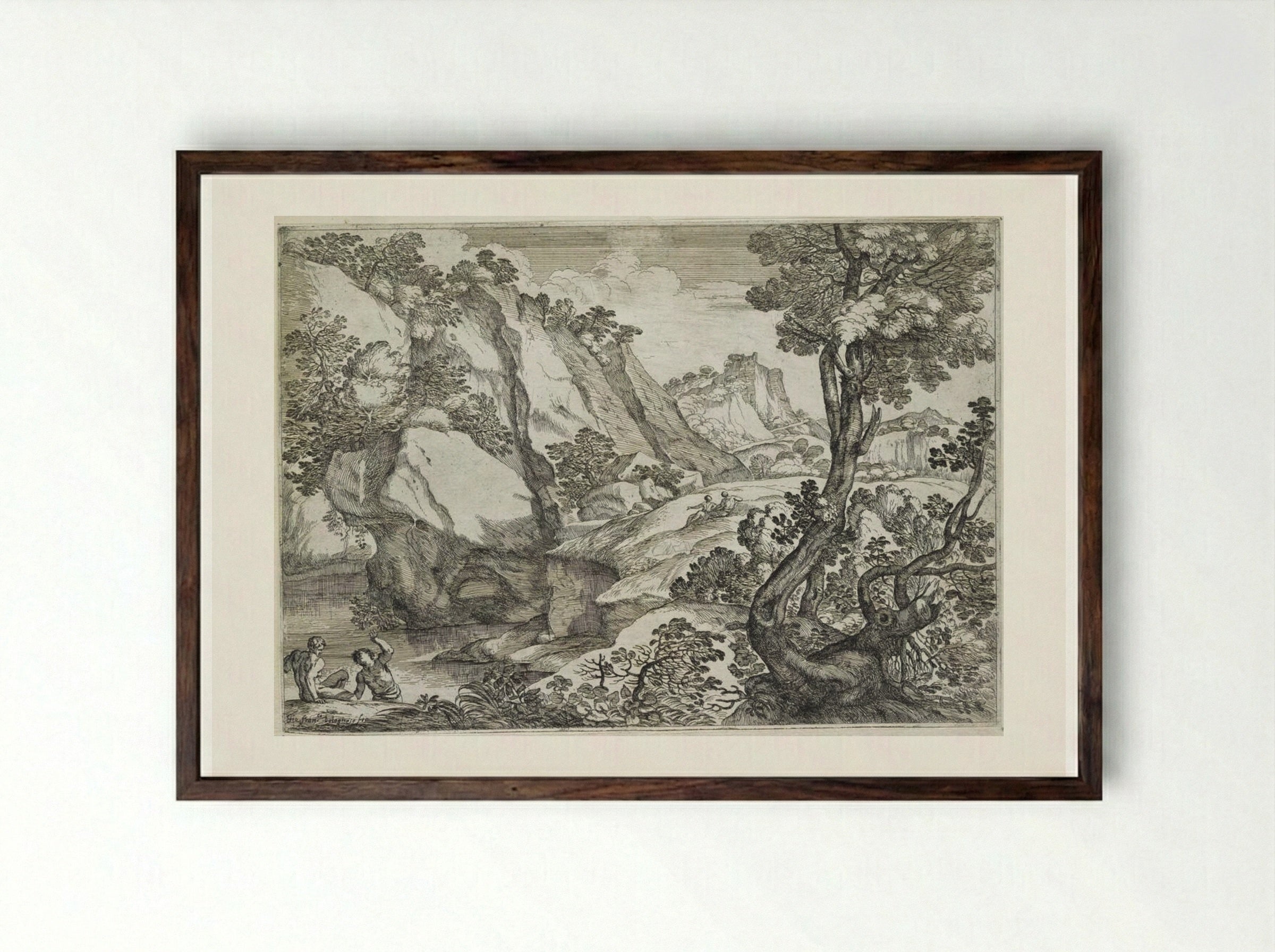 Landscape with a Stunted Tree - Giovanni Francesco Grimaldi - Framed Print Dark Wood