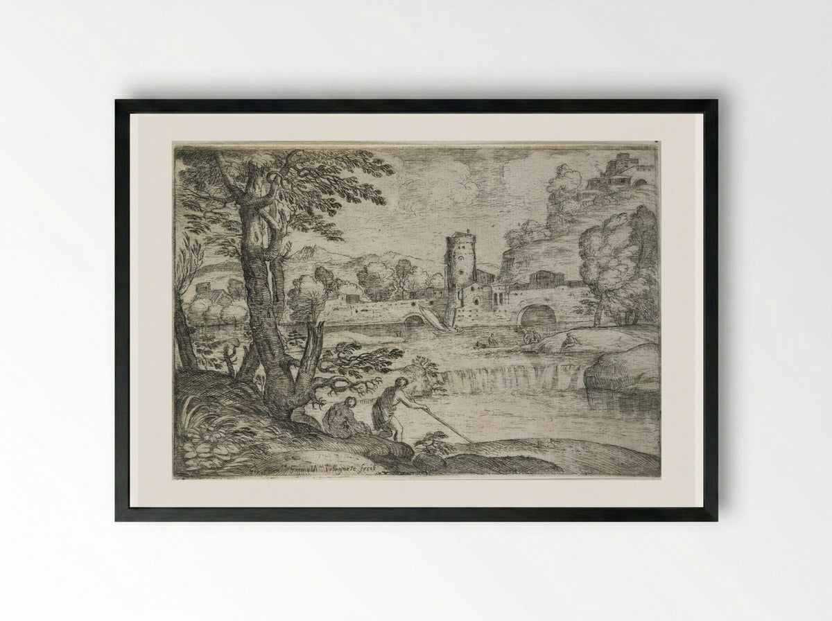 Landscape with a Town near a Cascade - Giovanni Francesco Grimaldi - Framed Print Black