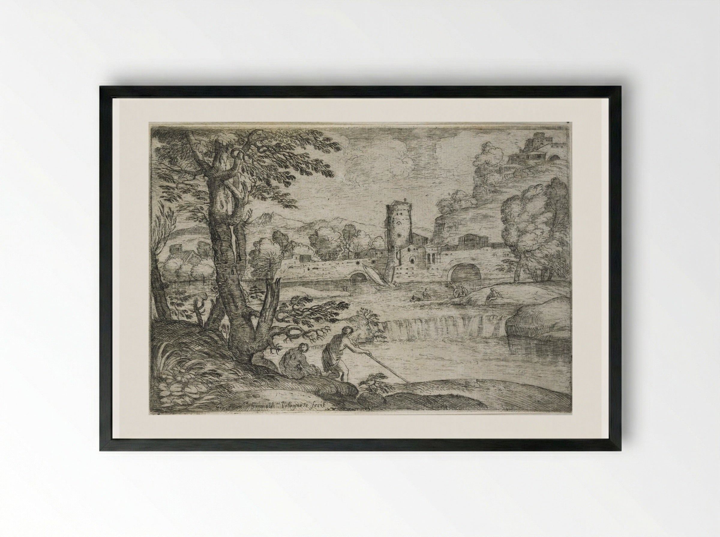 Landscape with a Town near a Cascade - Giovanni Francesco Grimaldi - Framed Print Black