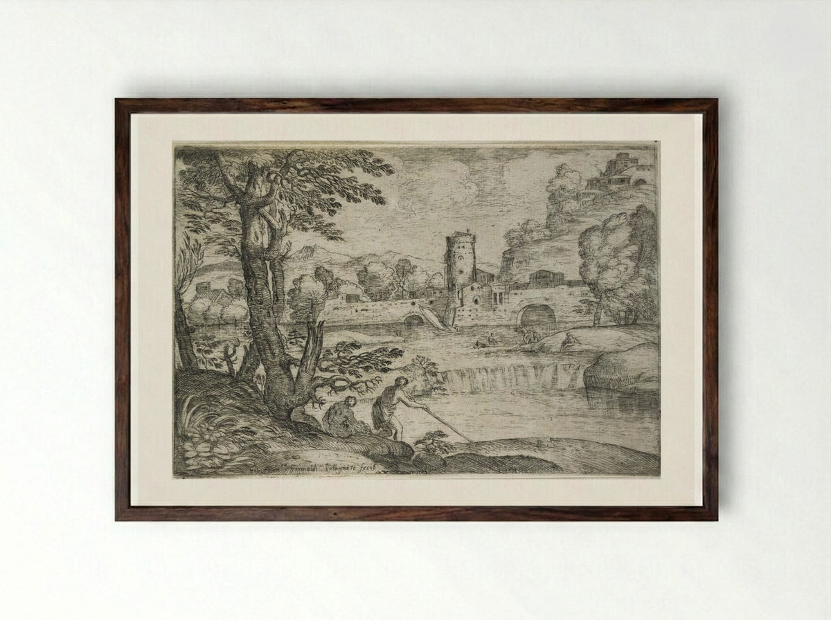 Landscape with a Town near a Cascade - Giovanni Francesco Grimaldi - Framed Print Dark Wood