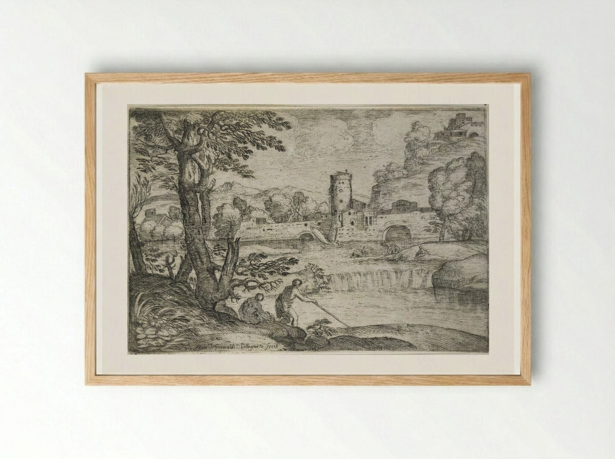 Landscape with a Town near a Cascade - Giovanni Francesco Grimaldi - Framed Print Wood