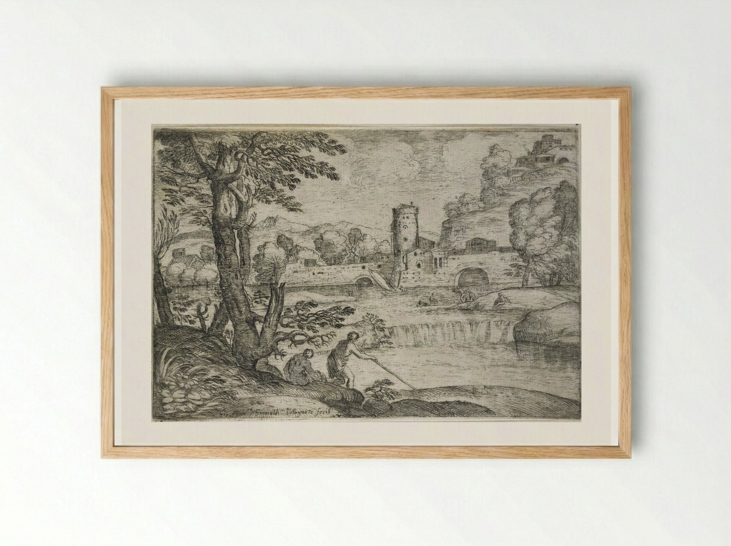 Landscape with a Town near a Cascade - Giovanni Francesco Grimaldi - Framed Print Wood