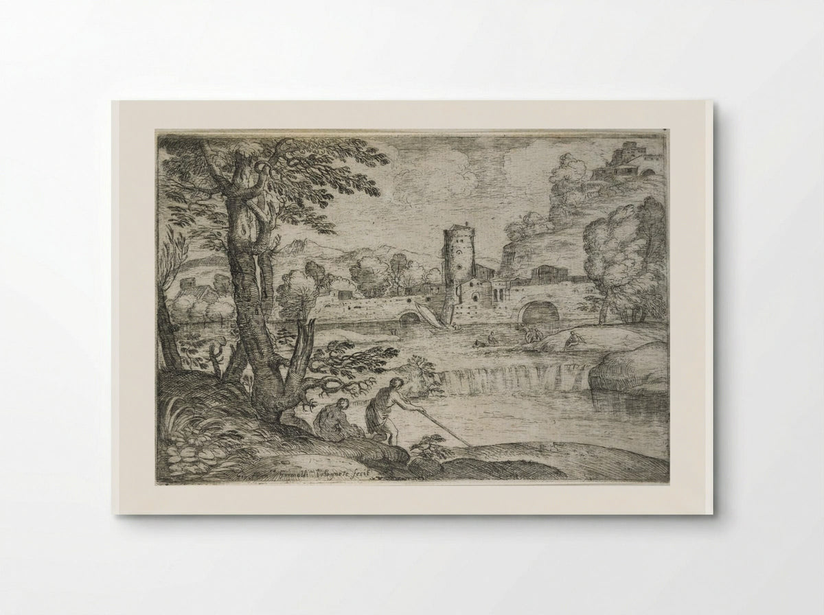 Landscape with a Town near a Cascade - Giovanni Francesco Grimaldi - Poster