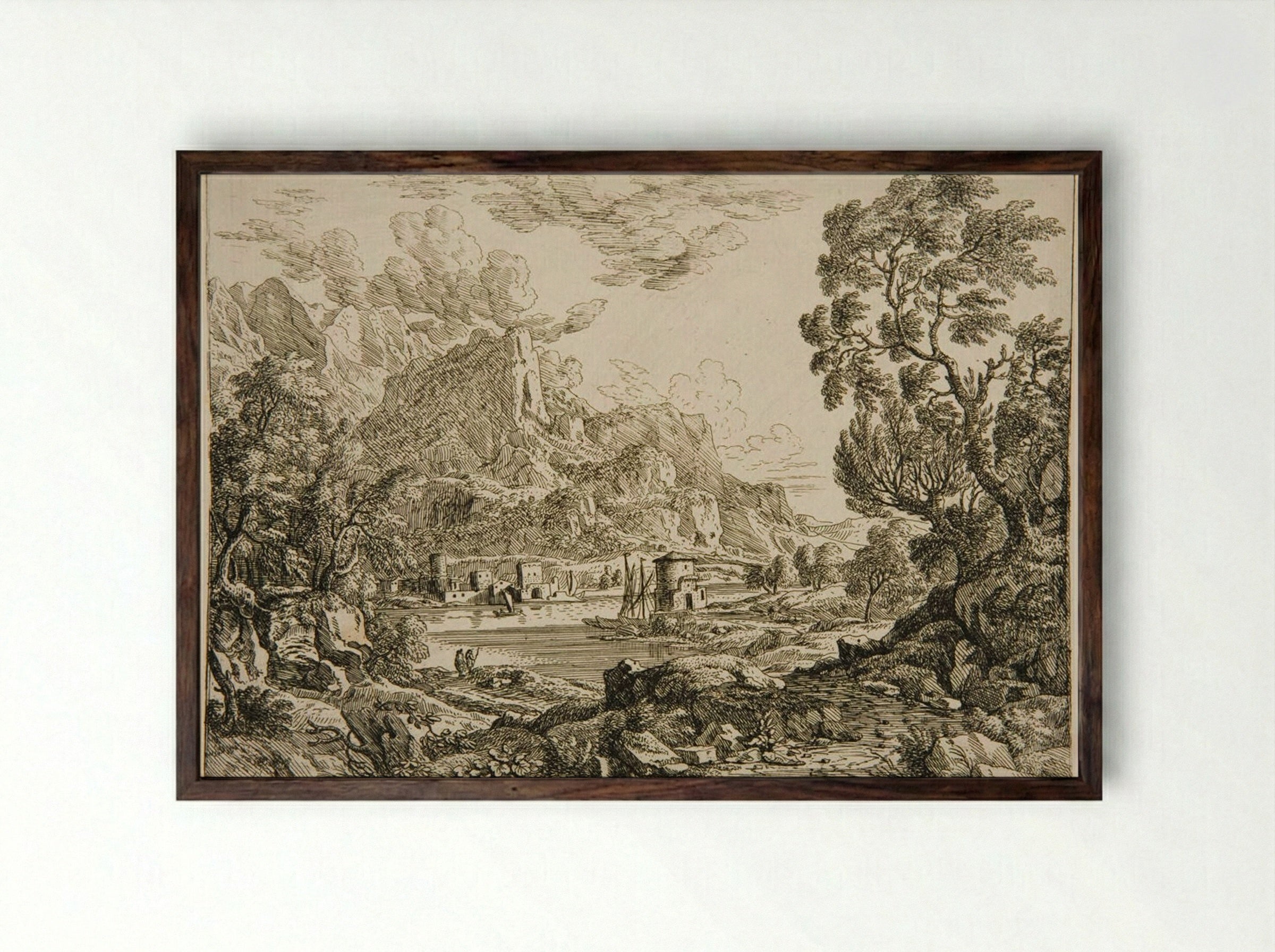 Landscape with a Town on a River at the Foot of Mountains - Felix Meyer - Framed Print Dark Wood