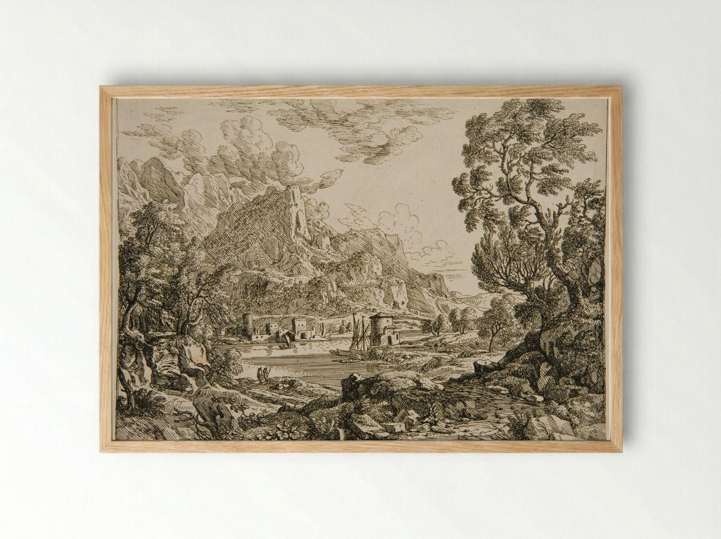Landscape with a Town on a River at the Foot of Mountains - Felix Meyer - Framed Print Wood