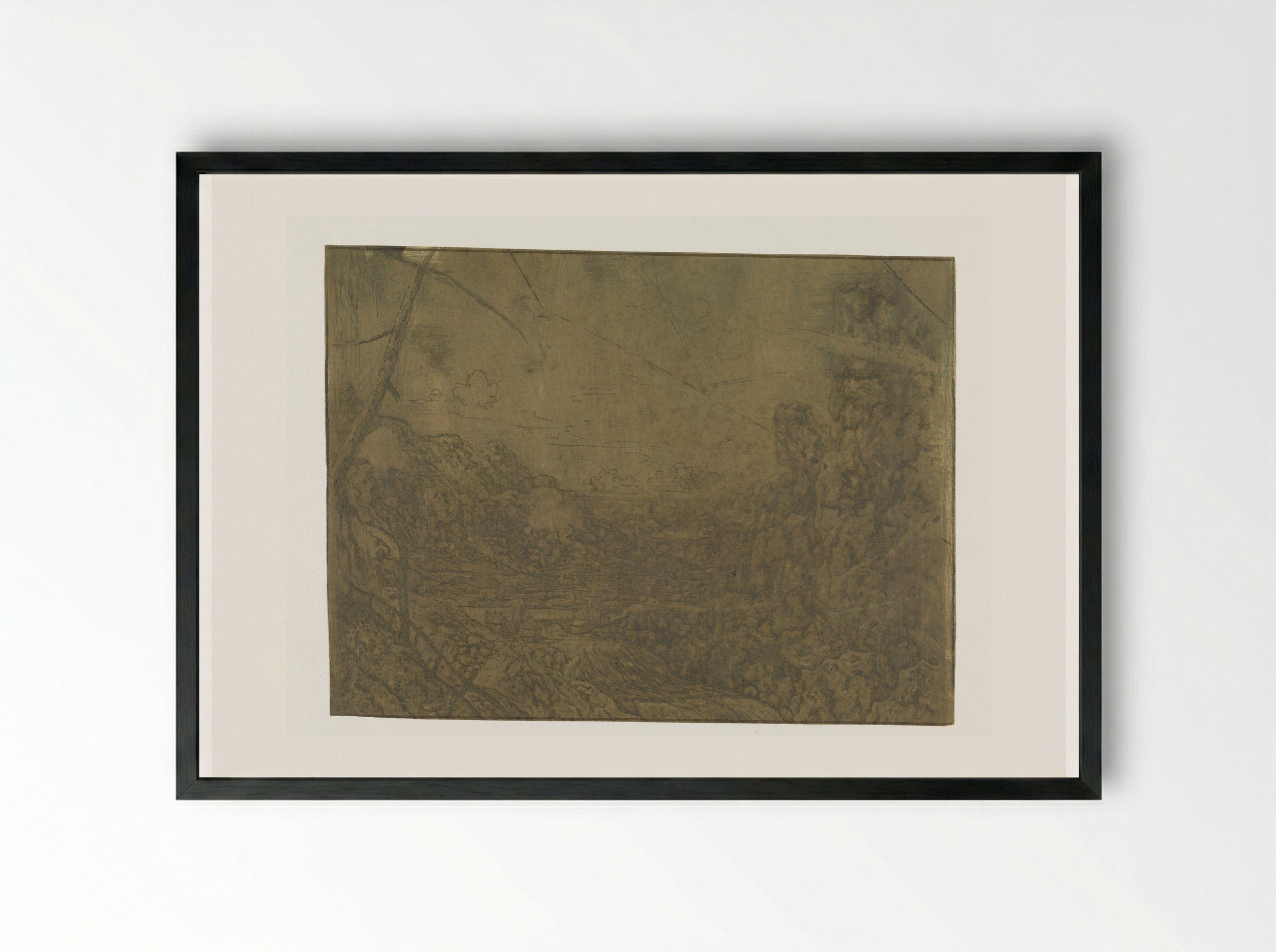 Landscape with a Waterfall, First Version - Hercules Segers - Framed Print Black