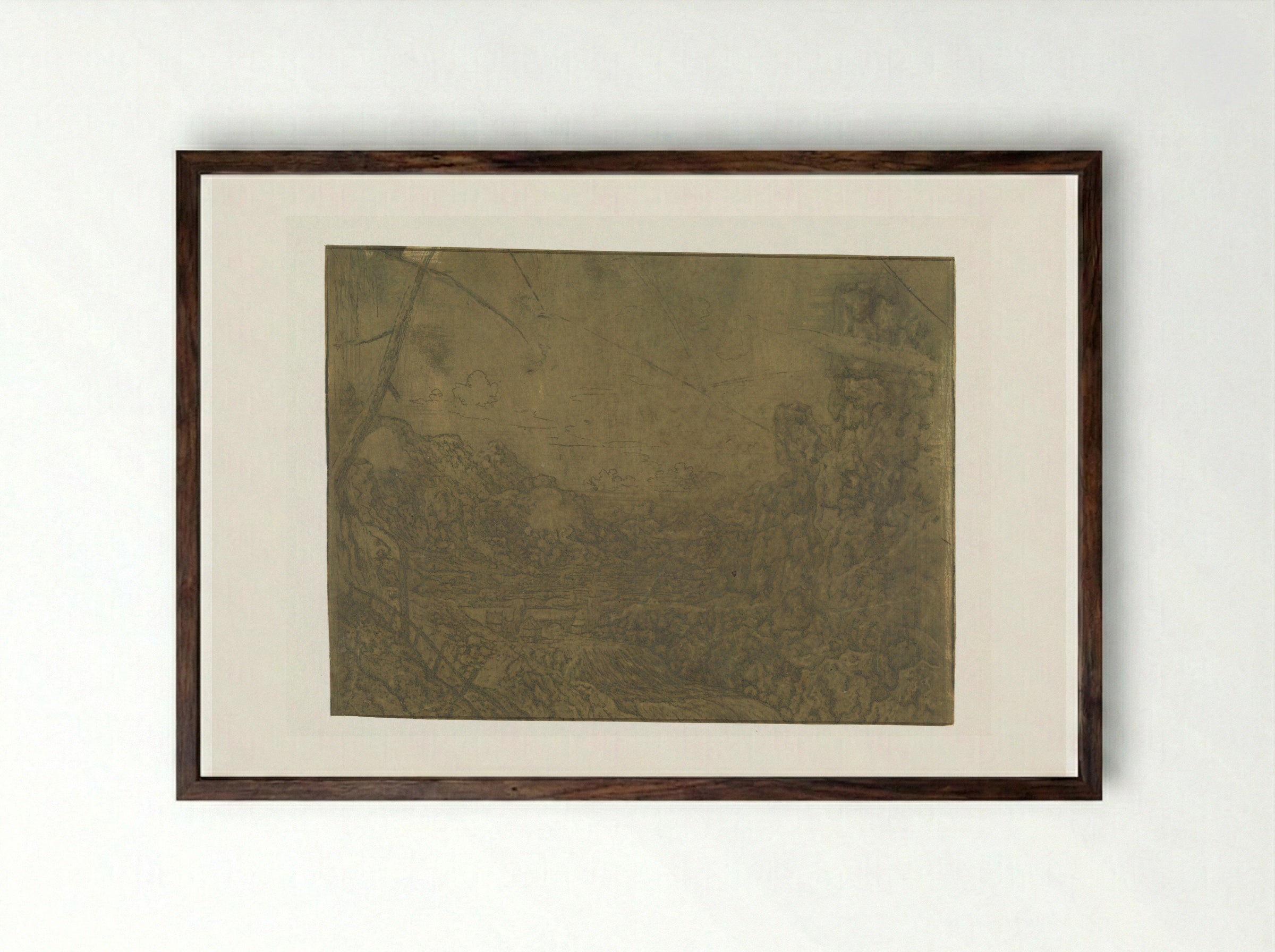 Landscape with a Waterfall, First Version - Hercules Segers - Framed Print Dark Wood