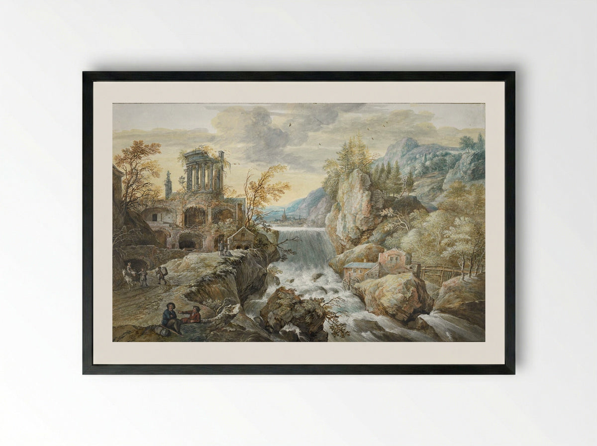 Landscape with a Waterfall and the Temple of the Sibyl - Gerrit Battem - Framed Print Black