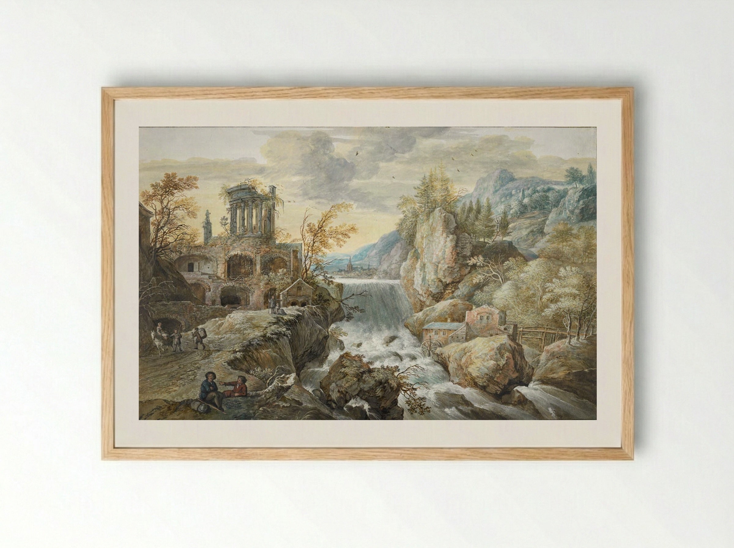 Landscape with a Waterfall and the Temple of the Sibyl - Gerrit Battem - Framed Print Wood