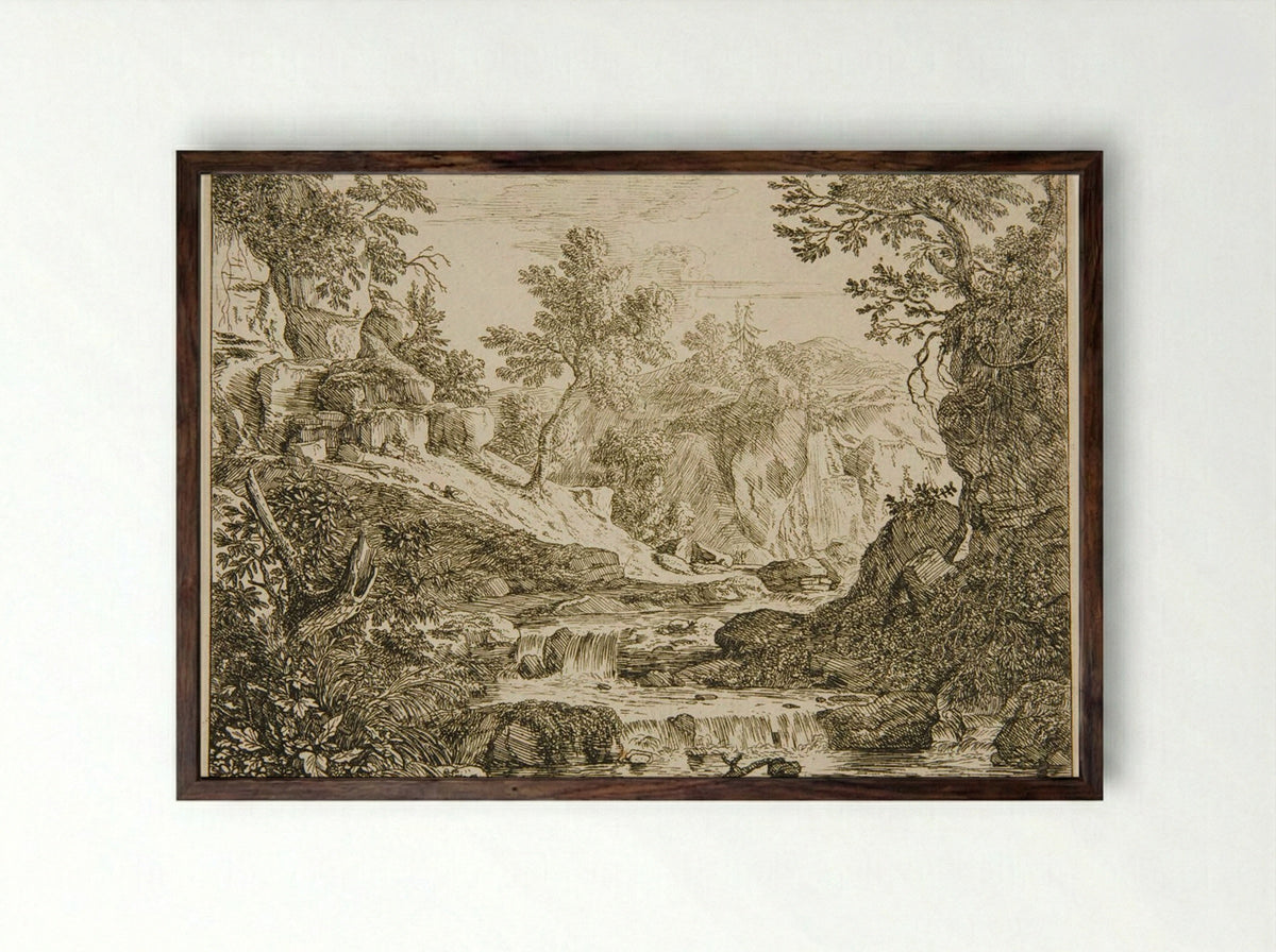 Landscape with a Waterfall - Felix Meyer - Framed Print Dark Wood