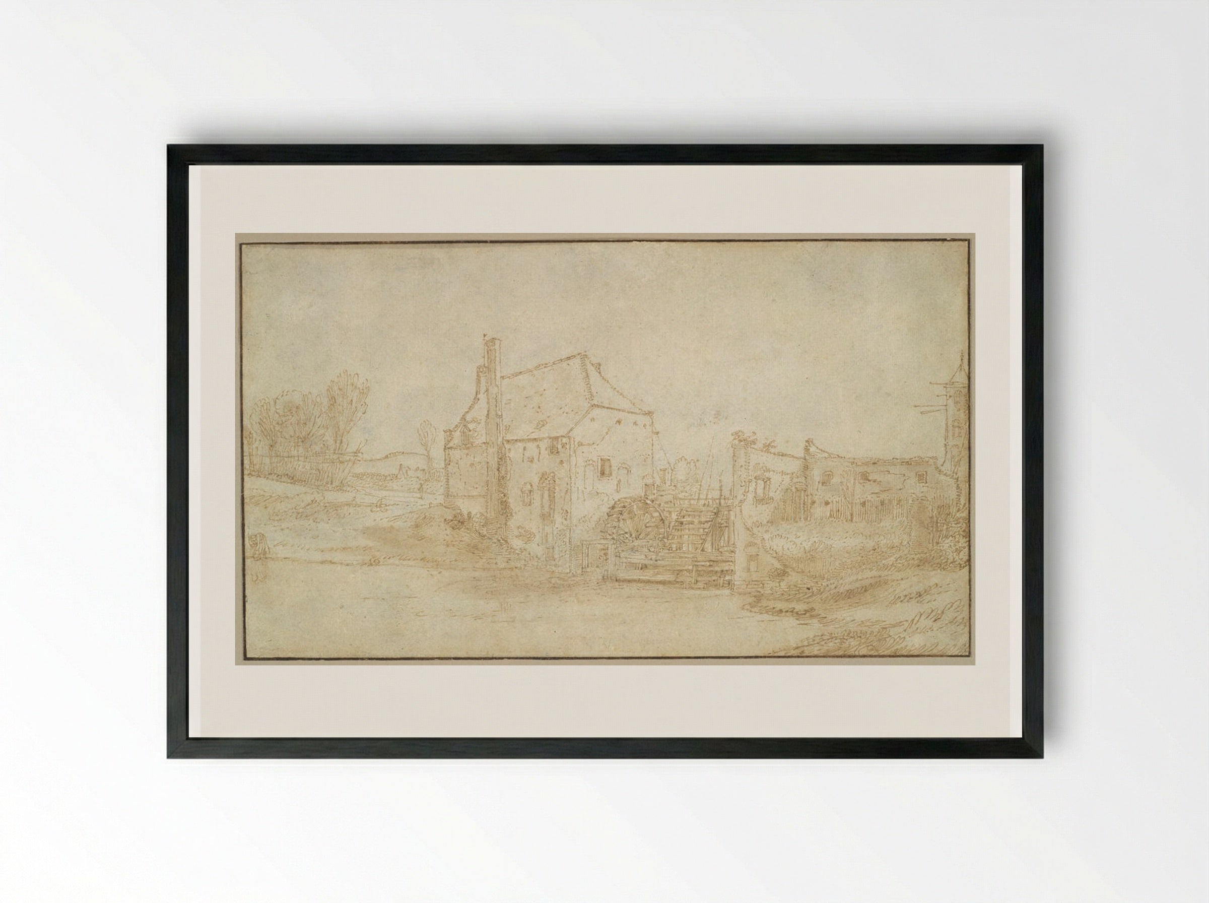 Landscape with a Watermill - Jan van de Velde II - Framed Print Black