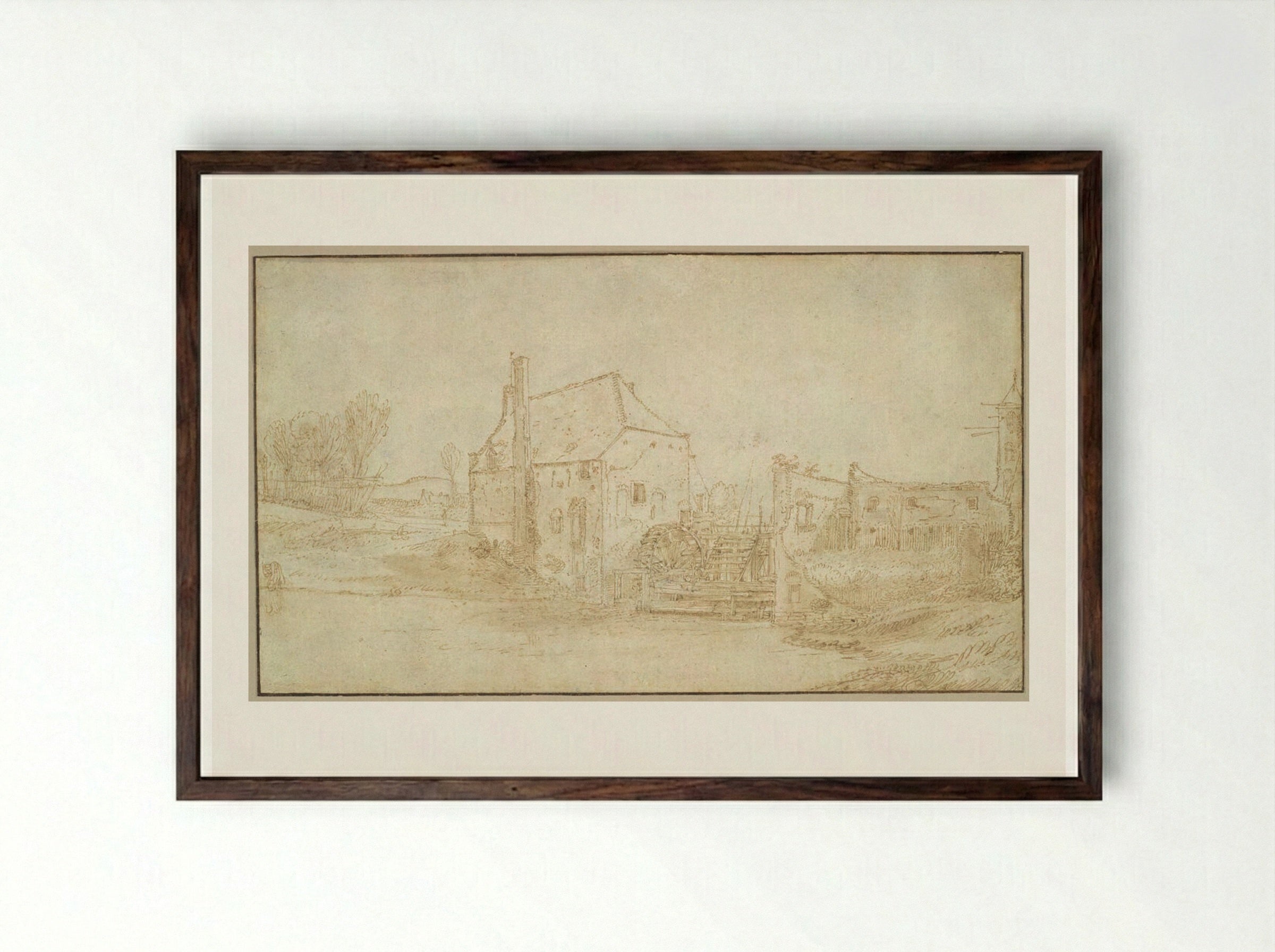 Landscape with a Watermill - Jan van de Velde II - Framed Print Dark Wood