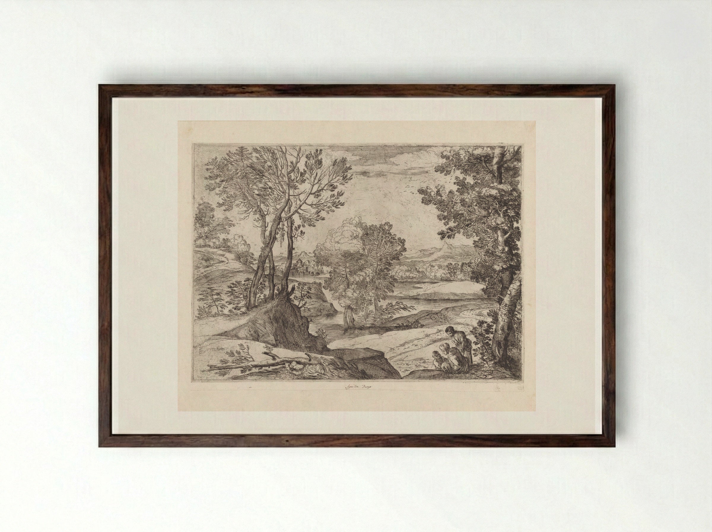 Landscape with a Woman, Man and Child - Giovanni Francesco Grimaldi - Framed Print Dark Wood