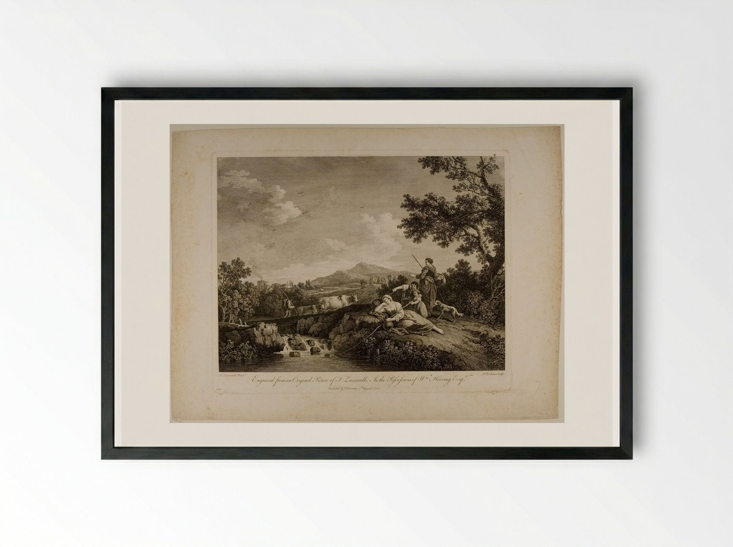 Landscape, with a Woman Resting by a Waterfall - François Vivares - Framed Print Black
