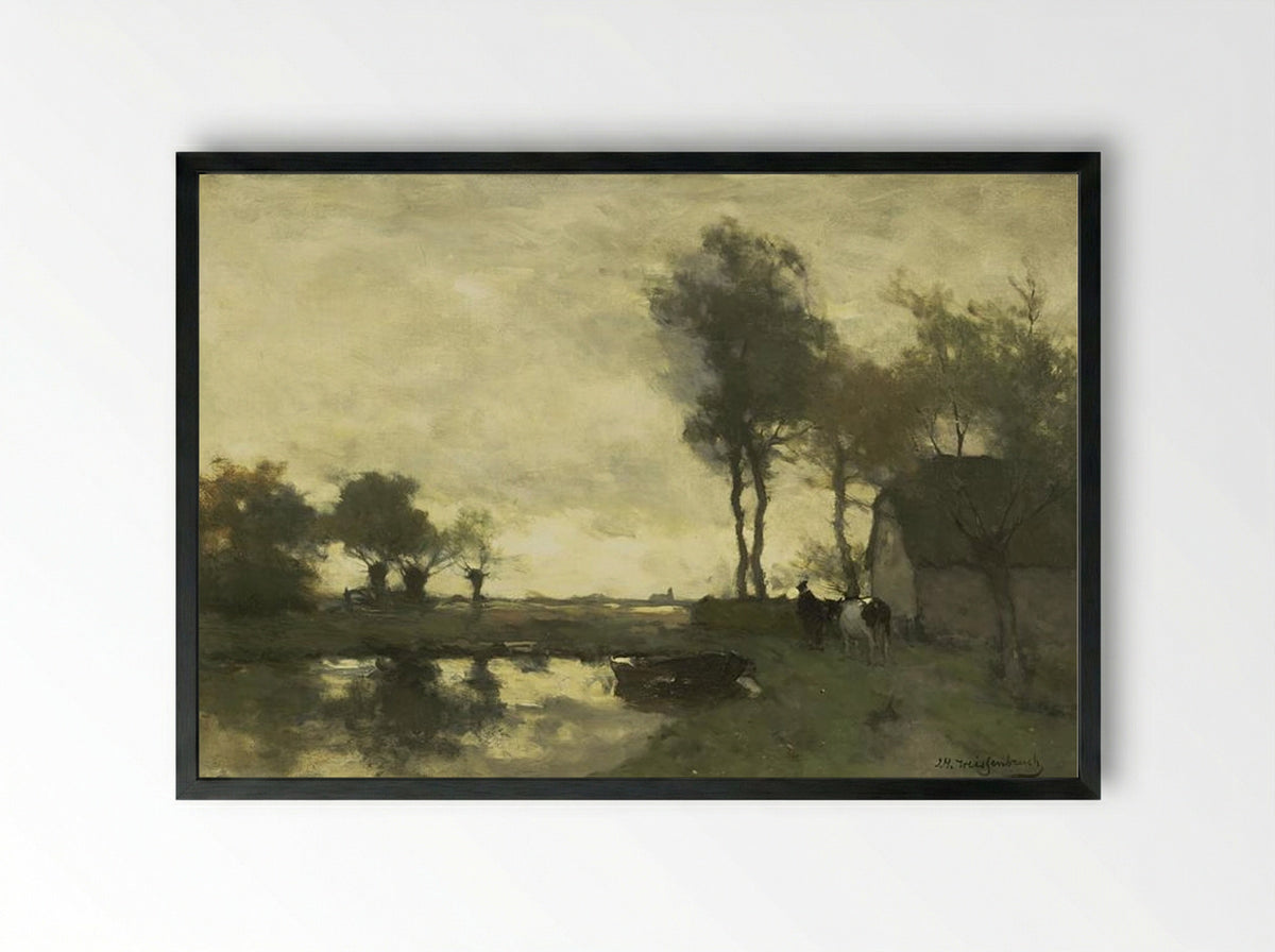 Landscape with a farm pond - Johan Hendrik Weissenbruch - Framed Print Black