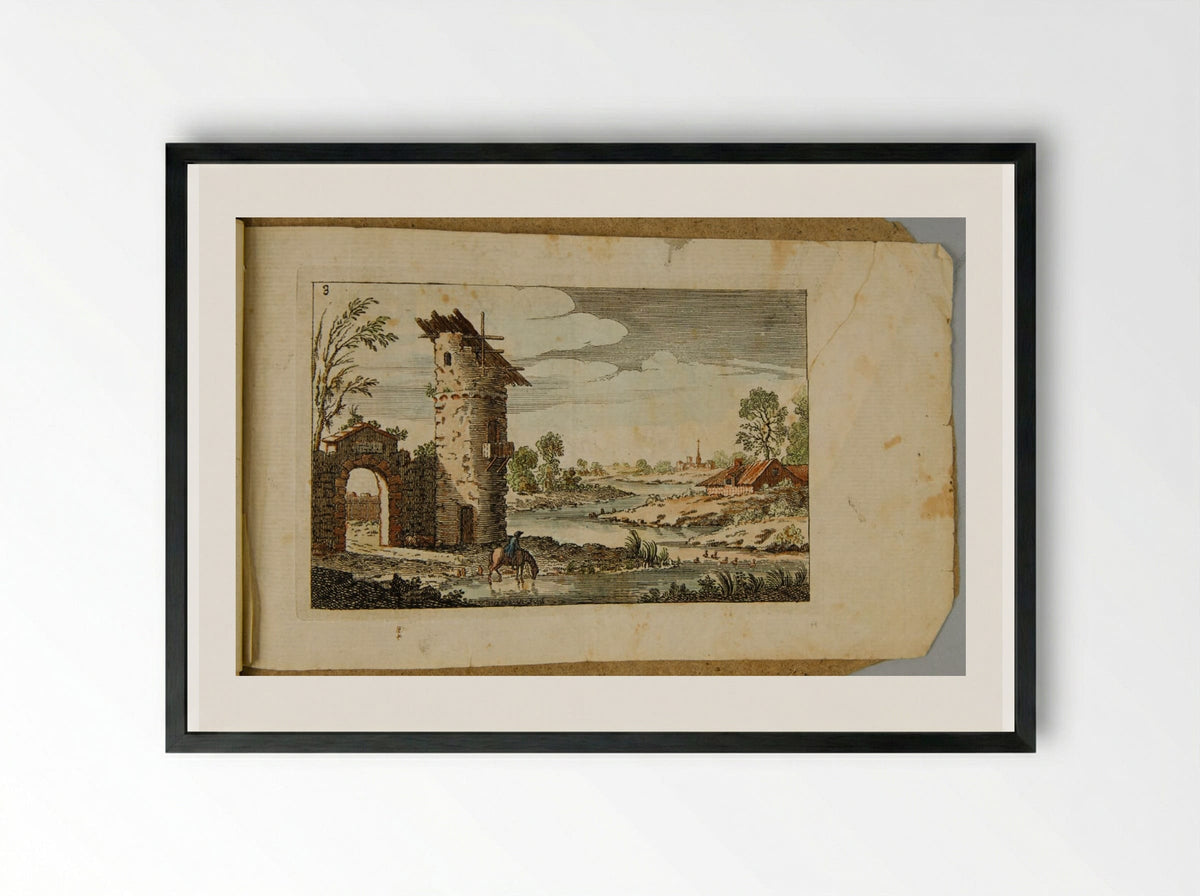 Landscape with an Arch and Circular Tower - François Vivares - Framed Print Black