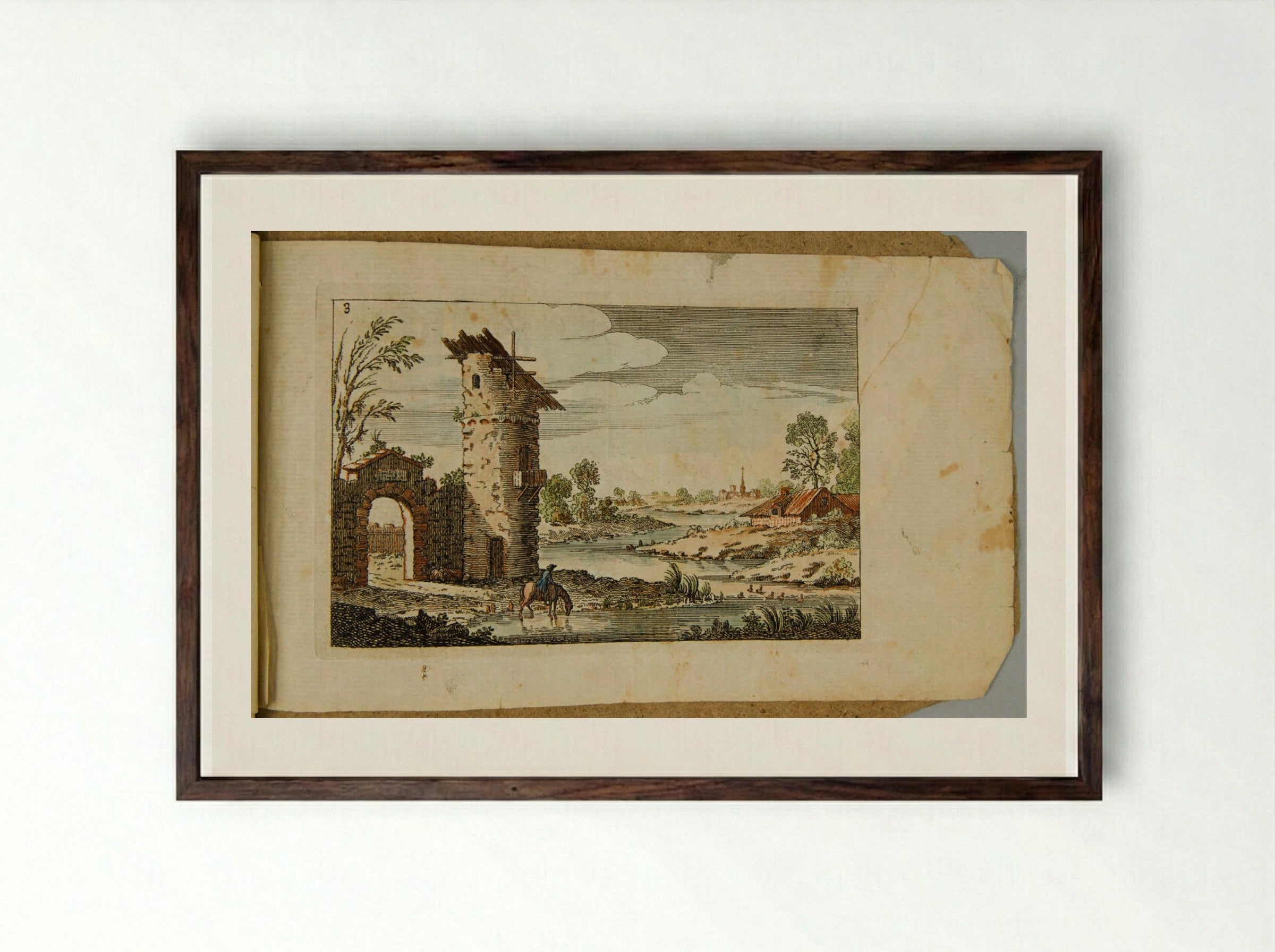 Landscape with an Arch and Circular Tower - François Vivares - Framed Print Dark Wood