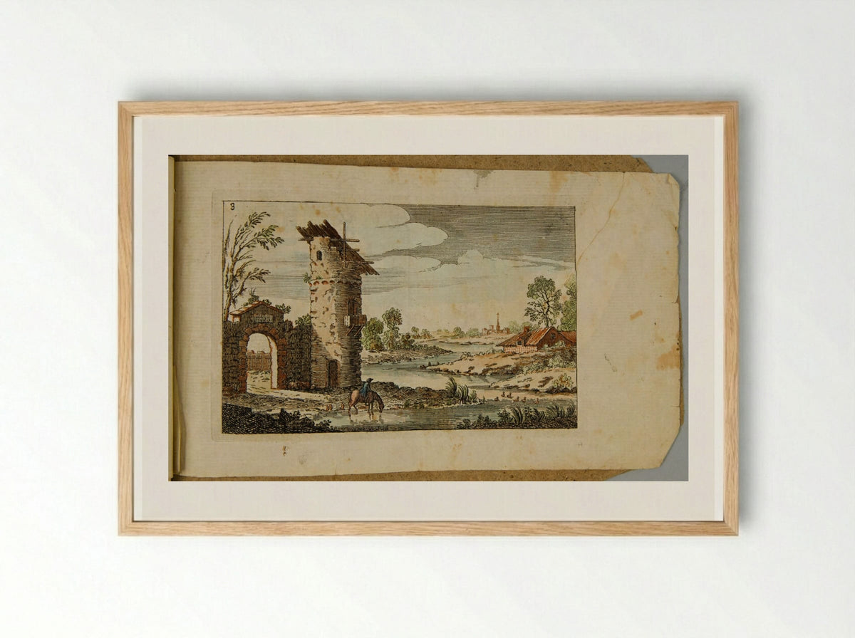 Landscape with an Arch and Circular Tower - François Vivares - Framed Print Wood