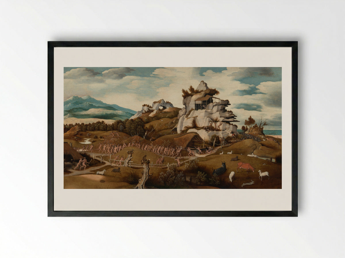 Landscape with an Episode from the Conquest of America - Jan Jansz Mostaert - Framed Print Black