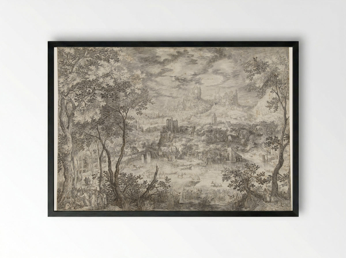 Landscape with the Healing of the Blind Man - David Vinckboons - Framed Print Black