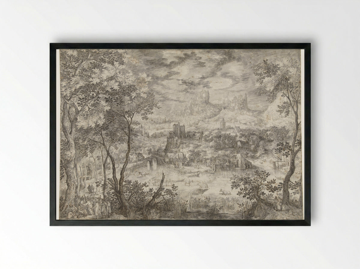 Landscape with the Healing of the Blind Man - David Vinckboons - Framed Print Black