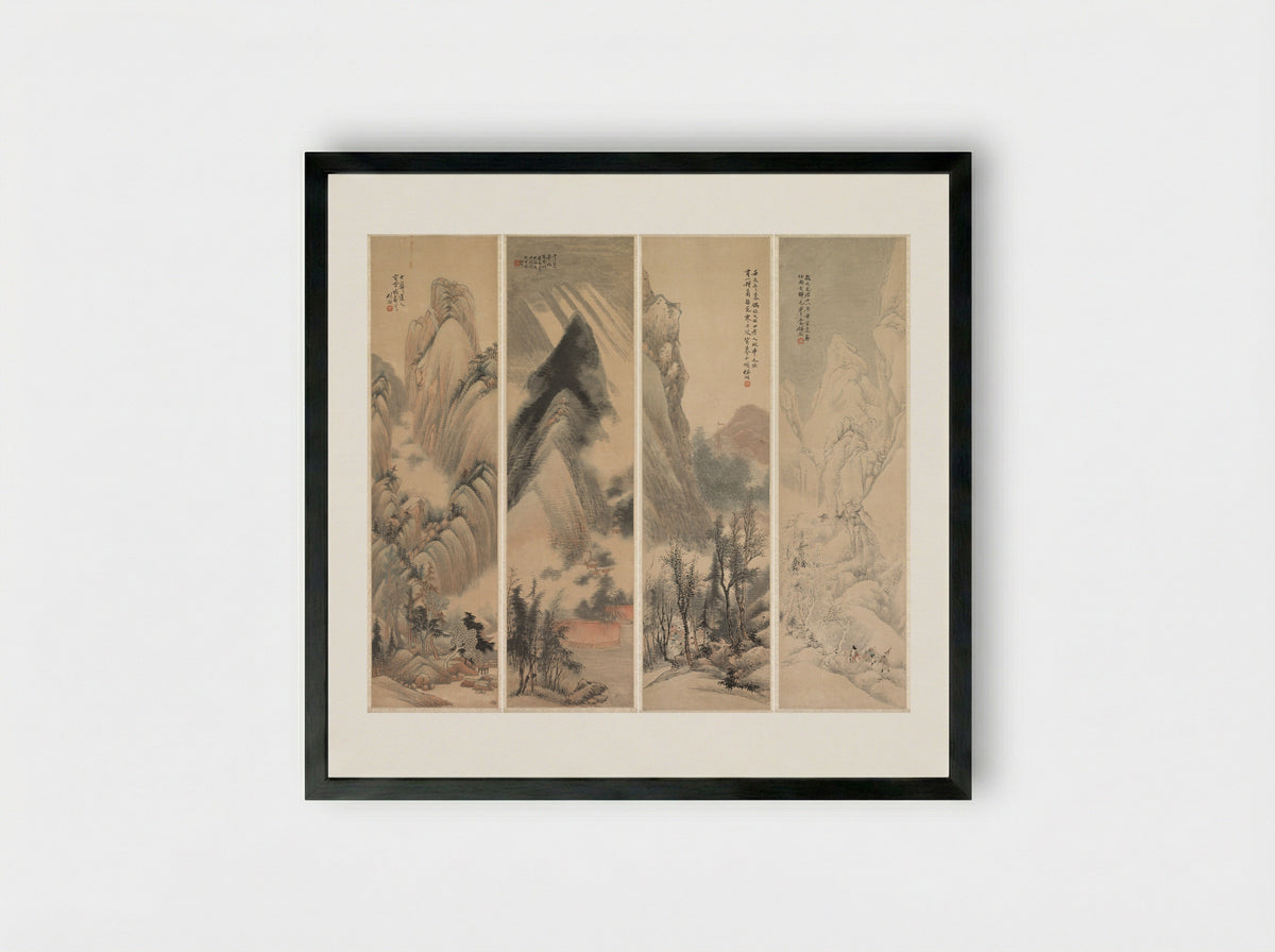 Landscapes (Four-Panel Hanging Scroll) - Ren Yu - Framed Print Black