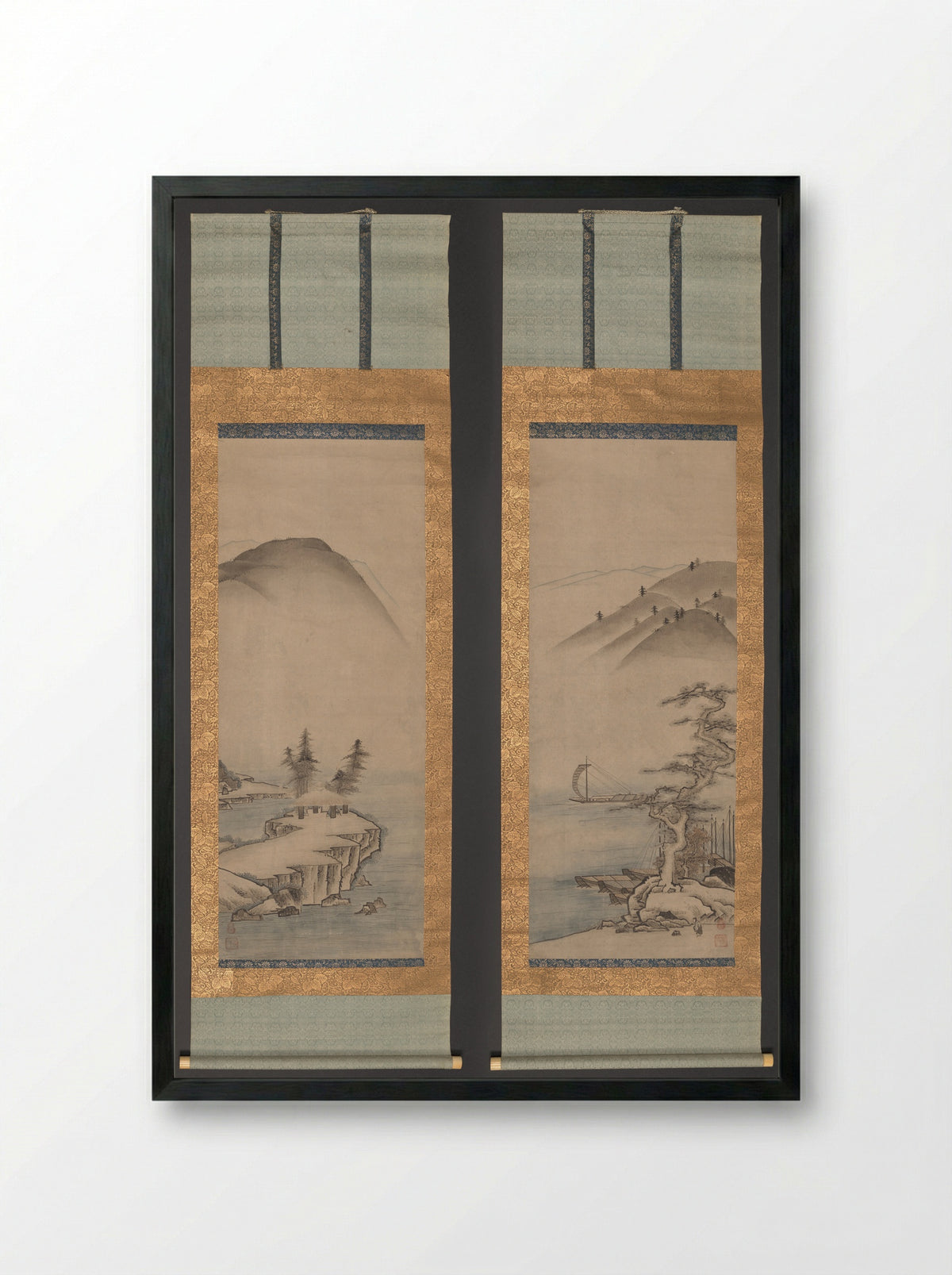 Landscapes (Pair of Hanging Scrolls) - Unkoku Tōyo - Framed Print Black