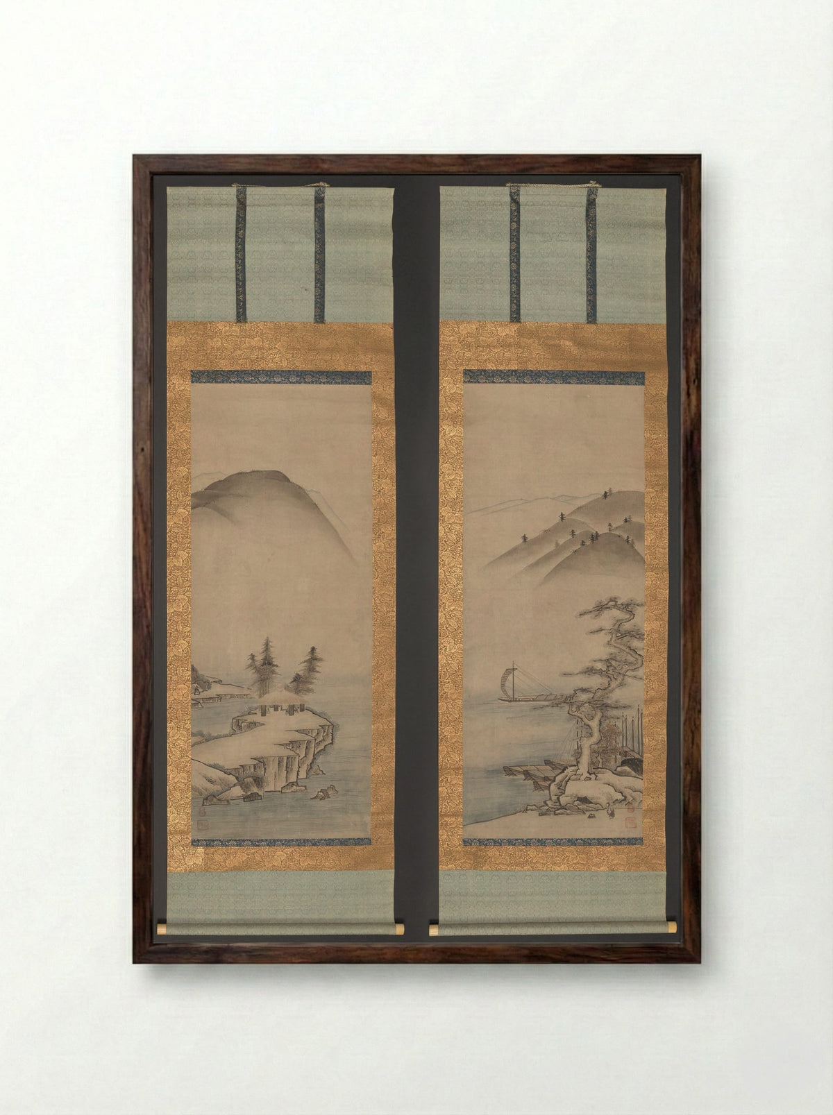 Landscapes (Pair of Hanging Scrolls) - Unkoku Tōyo - Framed Print Dark Wood