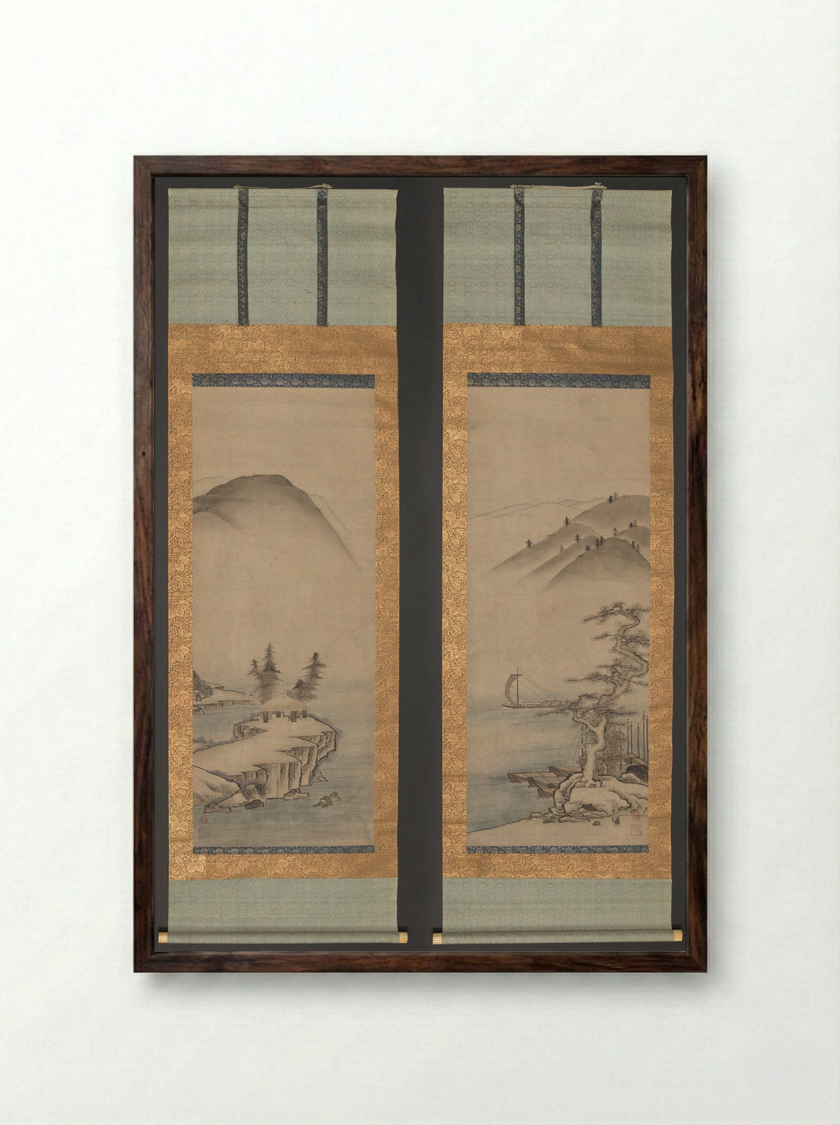 Landscapes (Pair of Hanging Scrolls) - Unkoku Tōyo - Framed Print Dark Wood